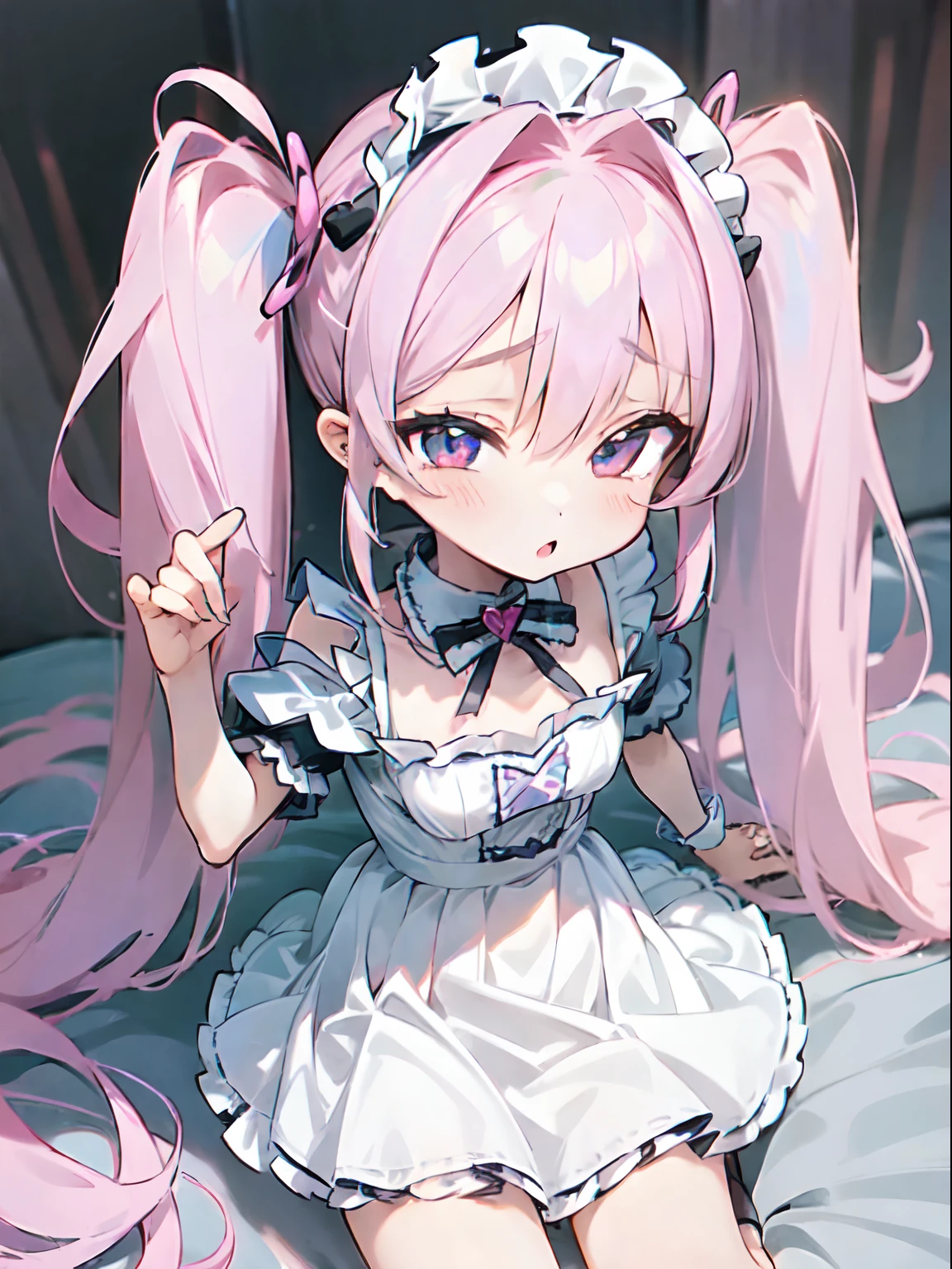 (***, ***********:1.5) anime girl, long haired, twintail hair, (hart shaped pupil:1.1), wearing sexy maid dress, (pink haired:0.6), deepthroat,