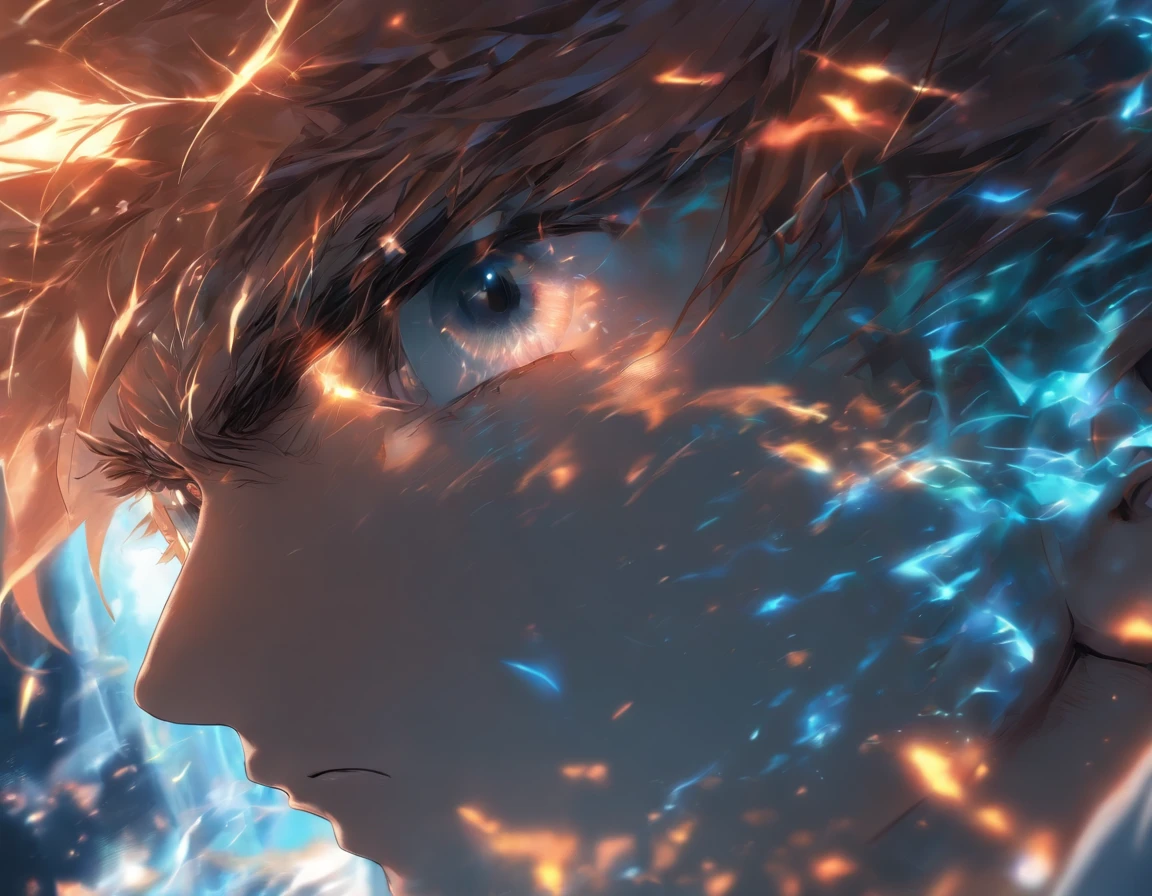 (best quality),(masterpiece), (extremely detailed 8K wallpaper),ultra-detailed,cinematic lighting, detailed light, best shadow, dyanamic angle, from down, train station, train, signal light, 1boy, leonard dung, red hair, aqua eyes, earring, single horn, strip mark on face, shone, white shirt,, detailed face, detailed reflctive eyes, beautiful eyes, extremely deatiled face,reflective hair,