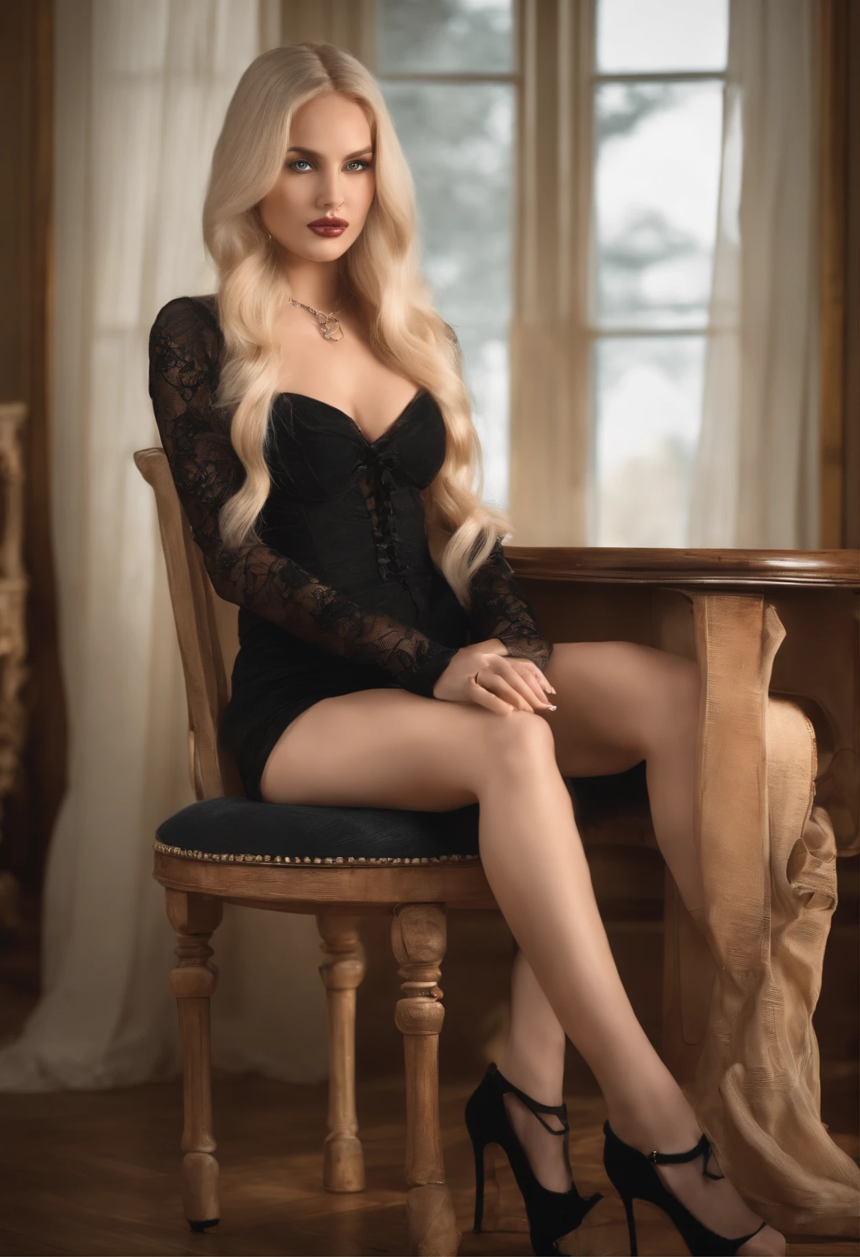 blond woman in black lingerie sitting on chair, blonde goddess, portrait of kim petras, alexa grace, lacey, belle delphine, with long hair and piercing eyes, ultrarealistic sweet bunny girl,nude , long blonde hair and large eyes, blond hair with pigtails, beautiful blonde girl, hyperrealistic schoolgirl