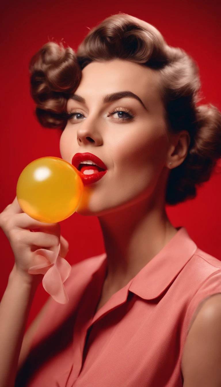 happy woman with vintage hairstyle wearing retro clothes, blowing bubble gum, on red background in studio, vibrant colors, bokeh style, in the style of ultrafine detail, high quality photo, medium close up,medium shot