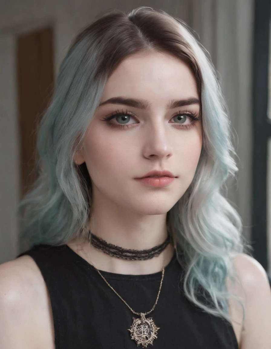 RAW photo, photograph of a Québécoise 22 years old woman, (detailed facial features), gorgeous face, grunge style, standing in her messy bedroom, pale skin, wearing eyeliner, grainy, (high detailed skin:1.2), pastel goth, scene hair, (emo girl), teased hair, wearing bracelets, wearing choker necklace, instagram, colorized, ((detailed face)), selfie