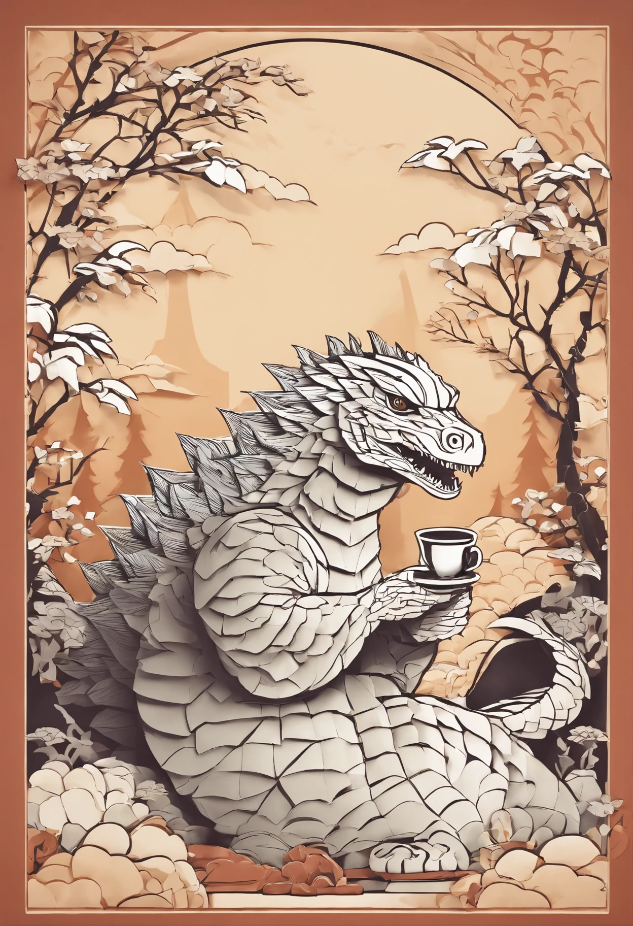 A cute godzilla Sits and drink tea, Japanese style, Tea ceremony, elegant