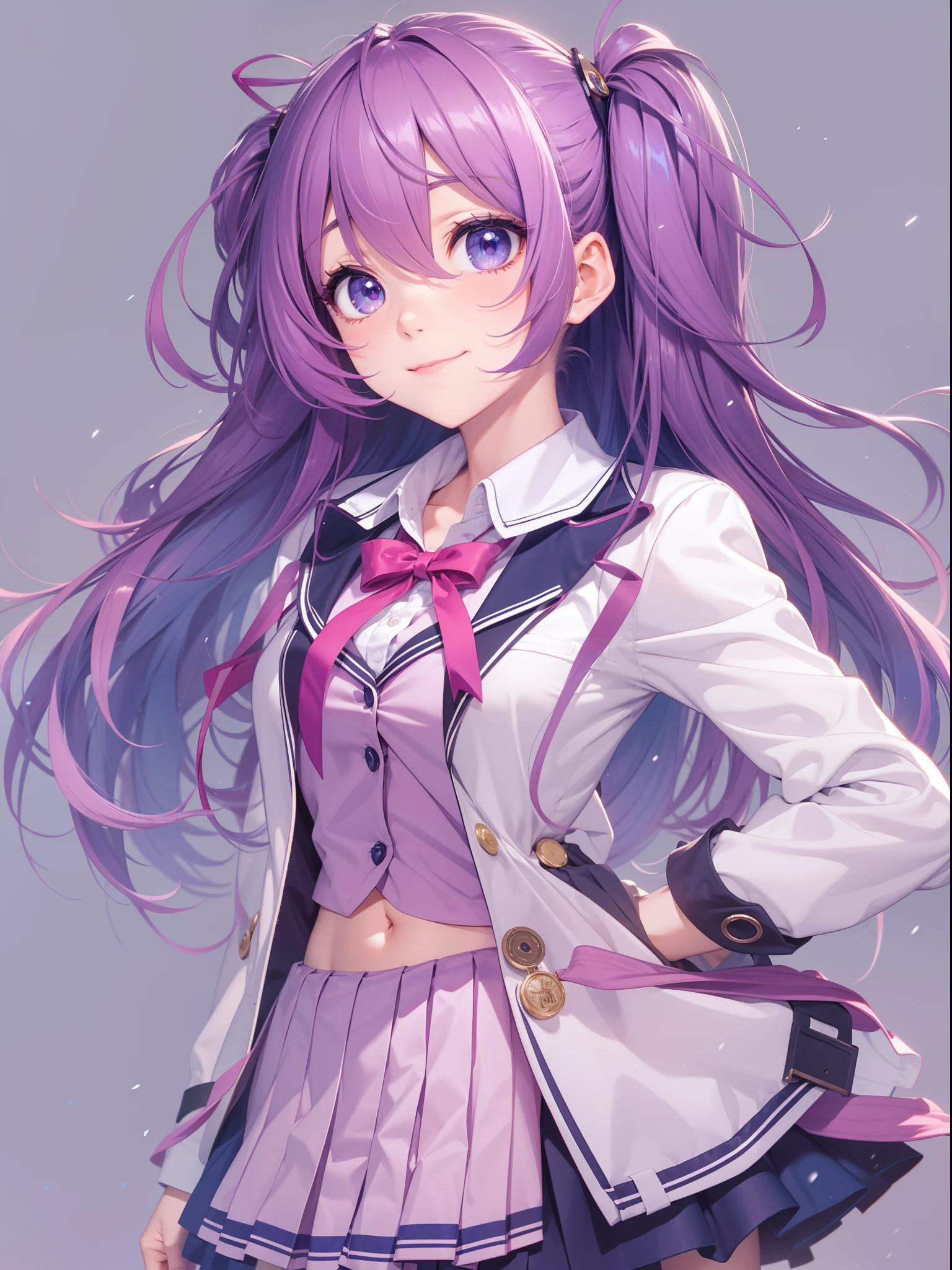 Anime girl with purple hair and purple eyes isolated on black background,3D images、 A smile、Pink hair、best anime 4k konachan wallpaper,The purple color of the hair in the video game Azure Lane, Anime girl with purple hair and purple eyes,3D images、Highly detailed CG Unity 8k wallpaper, [3D images:0.15],Attractive eyes、[[A detailed eye、Colorful eyes、radiant eyes:1.15]], poneyTail, Blazer, Blue jacket, Blue Ribbon, Blue skirt, buttoning, Collared shirt, Jacket, Long sleeves, Neck ribbon, Pleated skirt, bow ribbon, School uniform, Shirt, Skirt, White shirt, winter uniform、small tits,