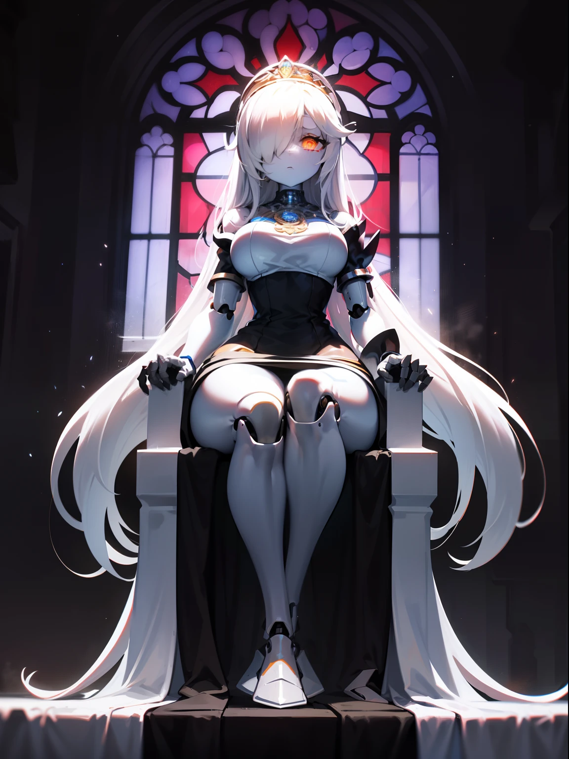 1girl,orange eyes, white hair,very long hair,hair over one eye, robot girl, humanoid robot,colored skin, robot joints, large breasts, curvy,tiara,jewelry,dress, armor, on throne,indoors,stained glass, expressionless, night,clockwork,