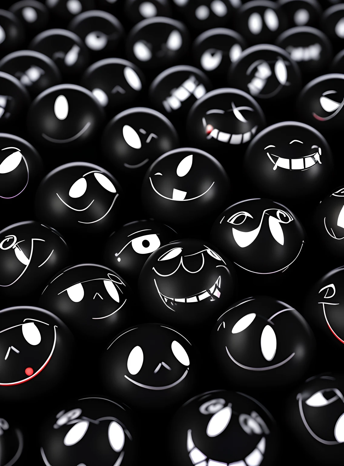 Close-up of a bunch of black balls, macabre smile, Smiling faces, digital art emoji collection, Happy faces, Multiple small black eyes, black!!!!! Background, Emoji, Happy expressions, Brilliant black smile, smiling expression, Detailed and realistic smiley face, faces covered in shadows, full of expressions, numerous dimly glowing eyes, evil faces, Happy expression