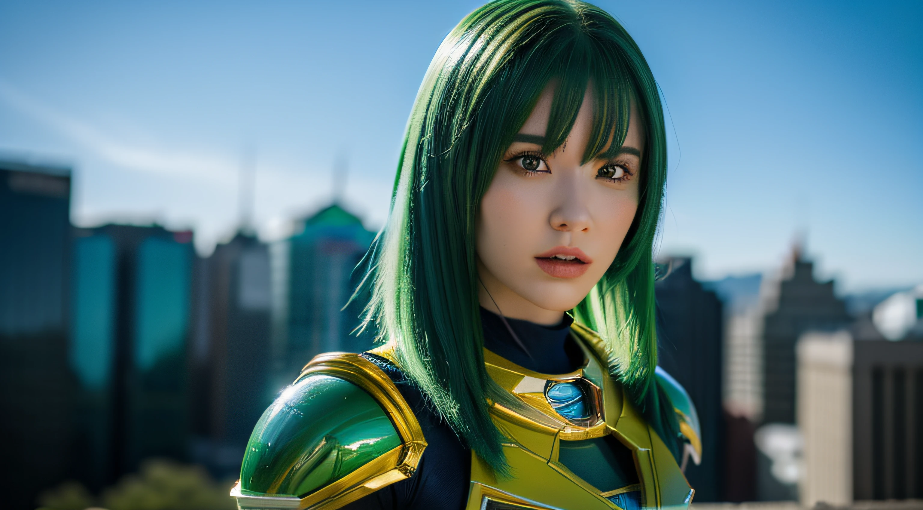 4K, Realistic, carismatic, ighly detailed, There is a girl in the sky, Wear Power Rangers, She is a Power Rangers, super hero theme, Green hair, 25 years old, Full body