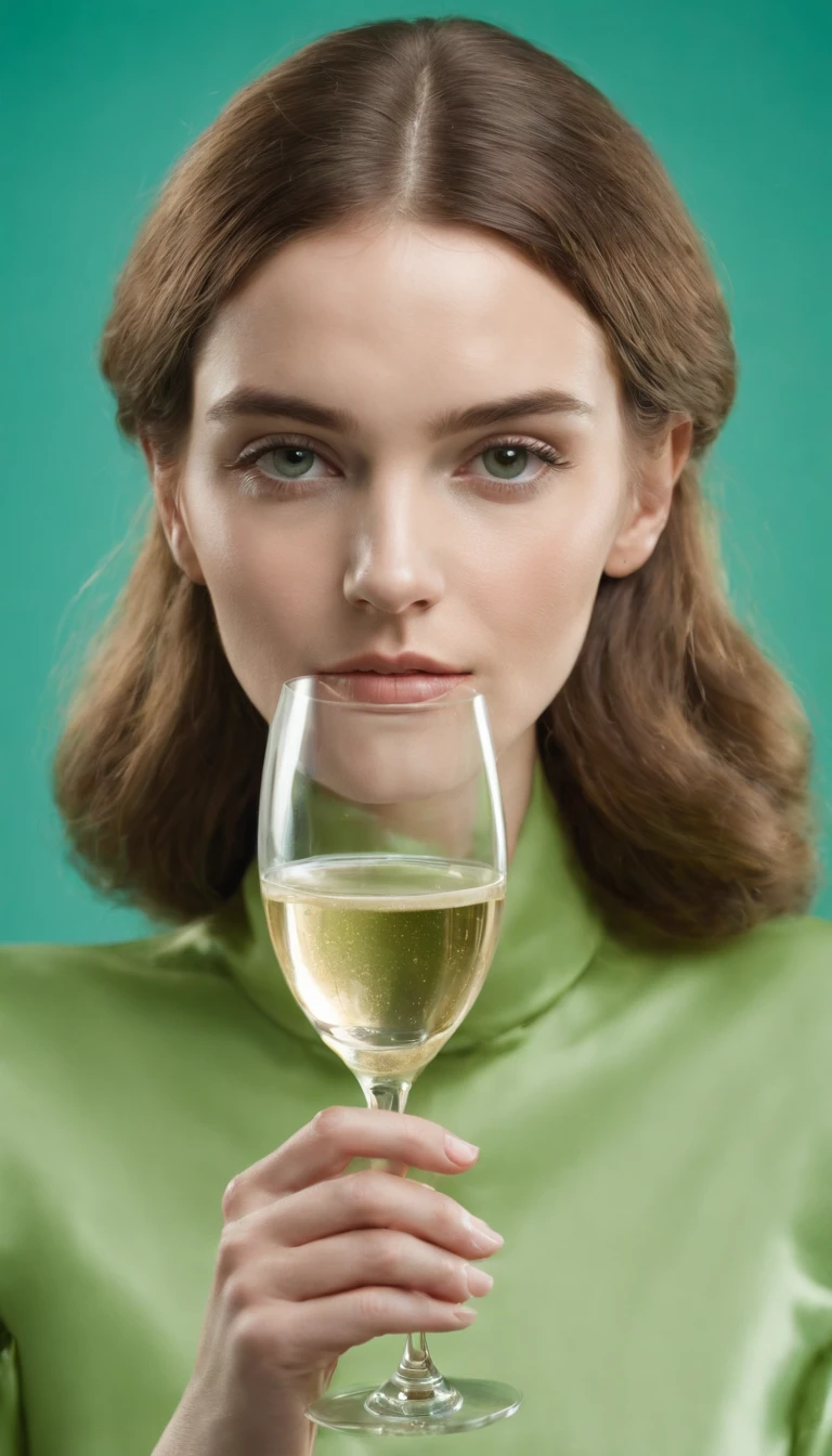 a young woman holding a champagne flute on a green background, in the style of carl kleiner, buckminster fuller, loretta lux, high quality photo, wavy resin sheets, gold and cyan, digital symmetry