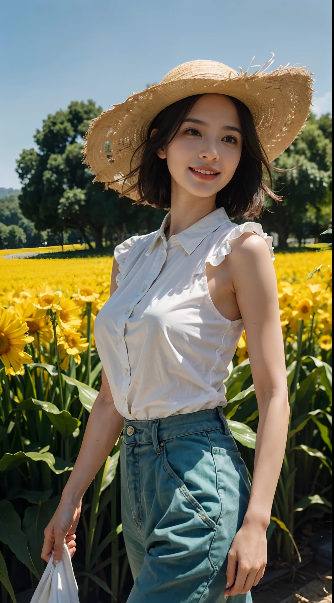 8K，masterpiece，best quality，In the corn field,Very high corn stalks，In the afternoon,very bright sunshine，A girl，Extremely detailed facial details，（shoulder length black straight short hair：1.2），Wearing a straw hat，smile，happy，Her face was covered in sweat，（Red collared shirt with floral pattern：1.1），giantic breasts，plump figure,（Green wide leg capris：1.1）,giantic hips，White slippers，close shot，cowboy shot，Directly facing the camera，from front，upper body