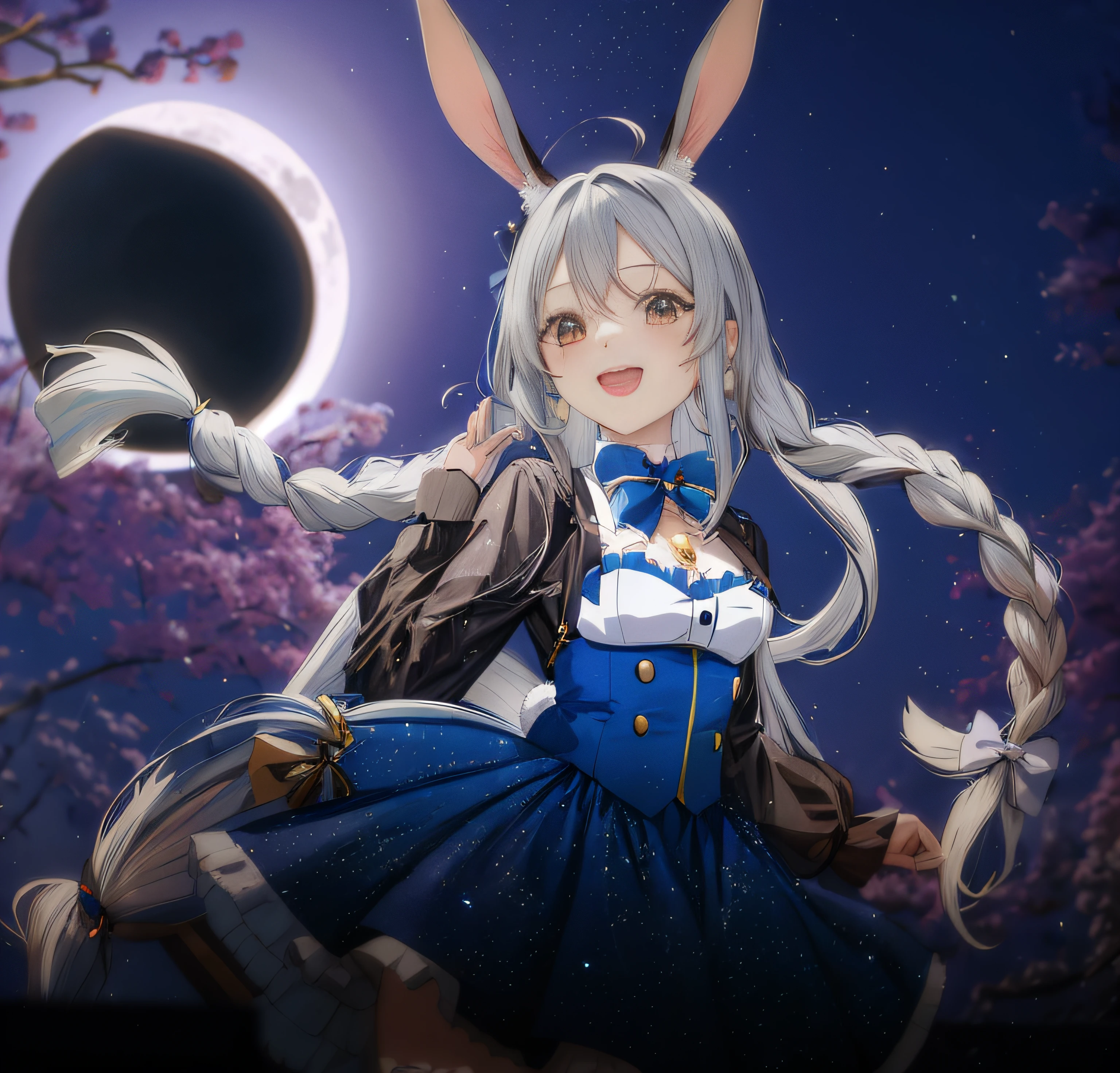 anime girl with long hair and rabbit ears in front of a moon hole wearing 4 diamond hair gifts and 1 moon gift with necklace with 1 normal key and 1 broken key