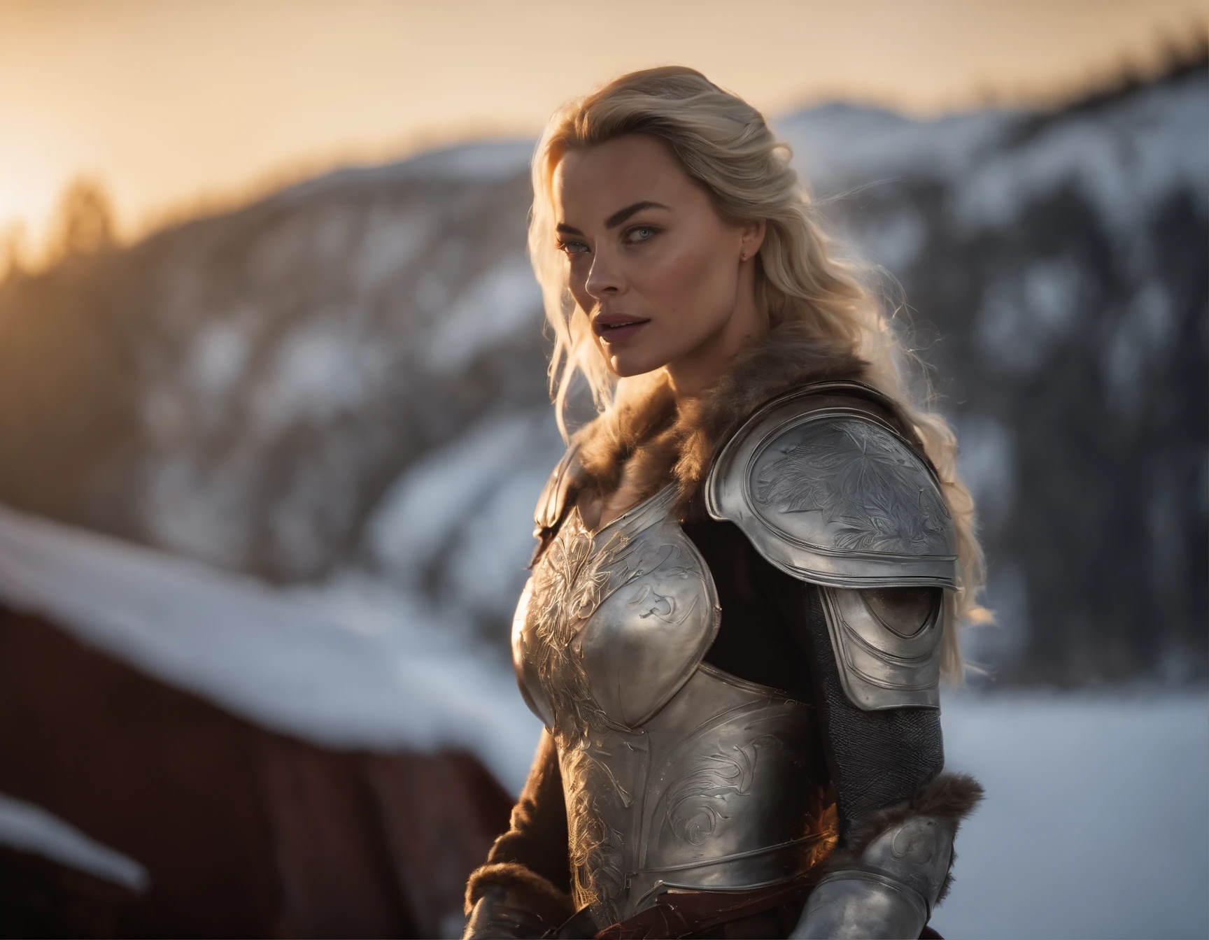 4k highly detailed realistic digital extremely high quality RAW photograph, a portrait photo of margot robbie that lived with wolves her whole life is now leading them to battle. torn clothes exposing (:1.4) body, armored pauldrons, fangs, curled horns, big breasts, ((snow and blood)), ((wolf tattoos)), epic, hyperrealistic, hyperrealism, 8k, cinematic lighting, greg rutkowski, wlop, (f1.8 short focus bokeh)
