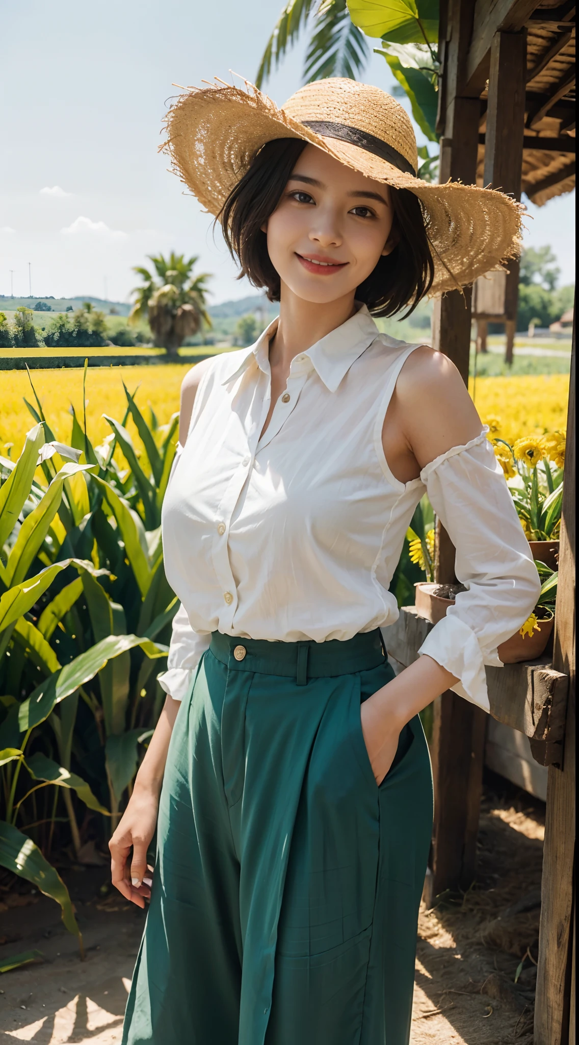 8K，masterpiece，best quality，In the corn field,Very high corn stalks，In the afternoon,very bright sunshine，A girl，Extremely detailed facial details，（shoulder length black straight short hair：1.2），Wearing a straw hat，smile，happy，Her face was covered in sweat，（Red collared shirt with floral pattern：1.1），giantic breasts，plump figure,（Green wide leg capris：1.1）,giantic hips，White slippers，close shot，cowboy shot，Directly facing the camera，from front，upper body