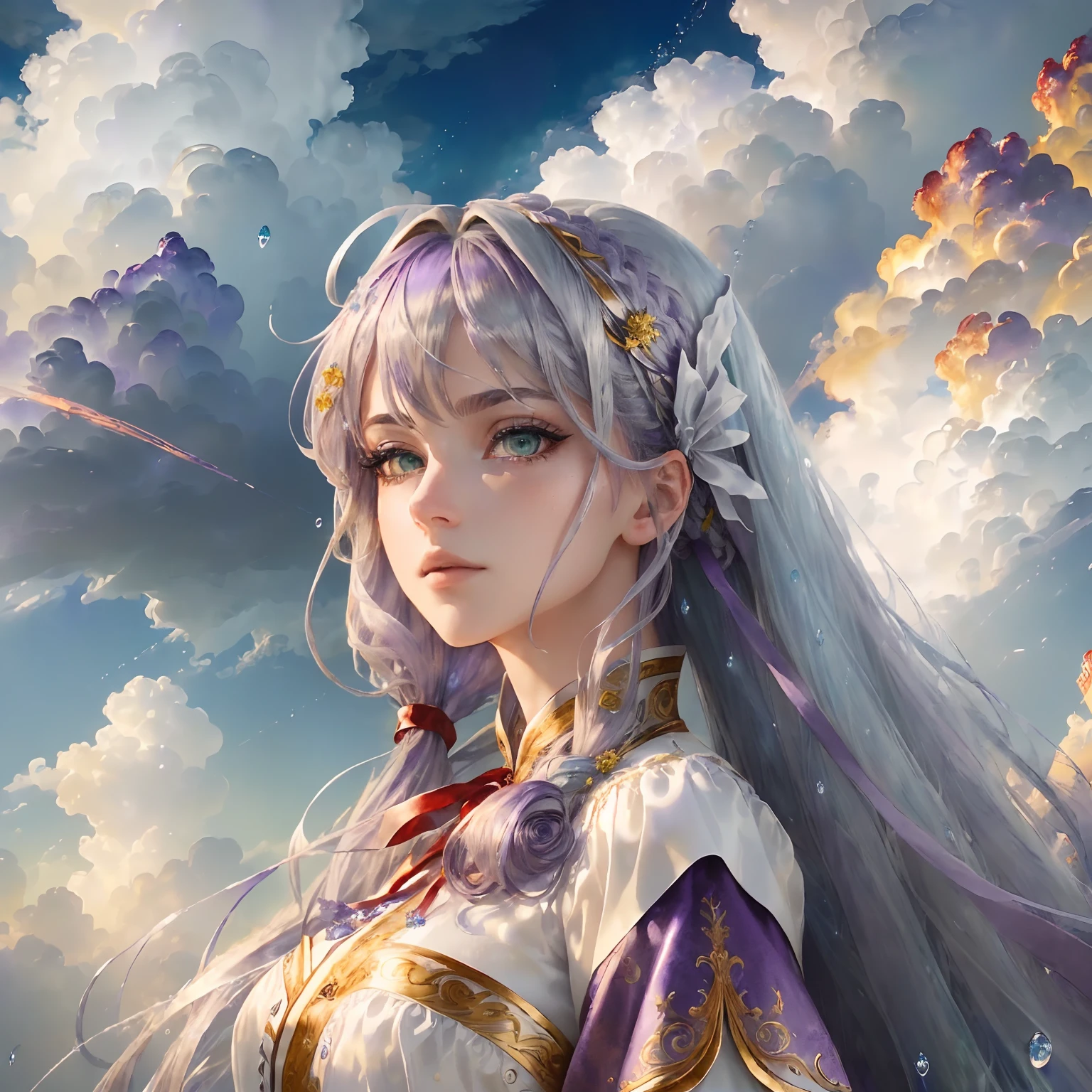 (masterpiece, high quality illustrations, ultra-detailed CG art, stunning 8k wallpaper), dynamic angle, dynamic pose, beautiful woman, (silver hair, purple hair, blue hair, green hair, yellow hair:1.3, red hair:1.2), blue eyes, exquisite white wuxia outfit with neck ribbon, atmospheric water droplets, clouds, twilight, wide shot, watercolor.