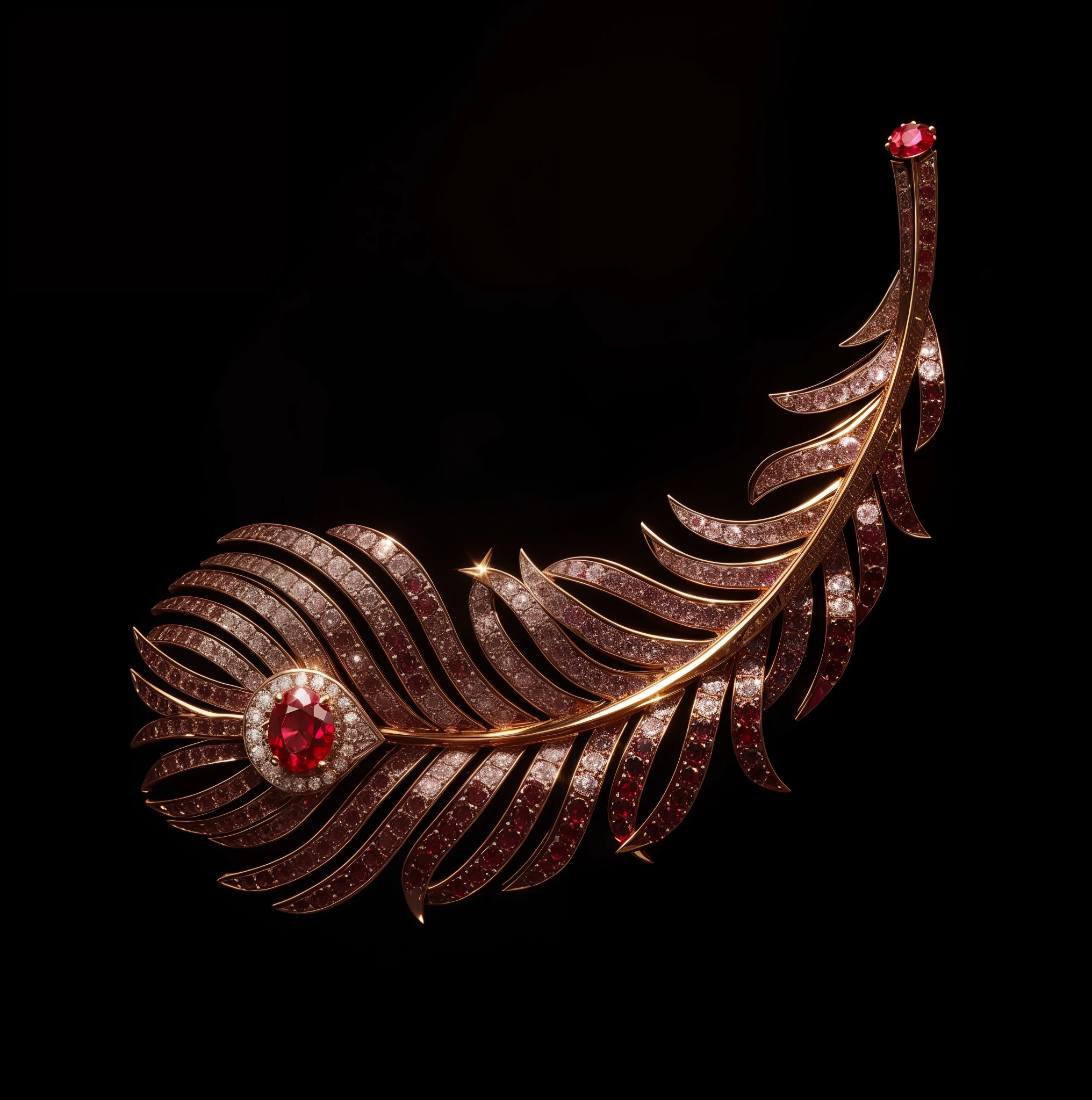 Round cut ruby feather brooch,Set with diamonds and rubies,Red gold craftsmanship,white backgrounid,photography of