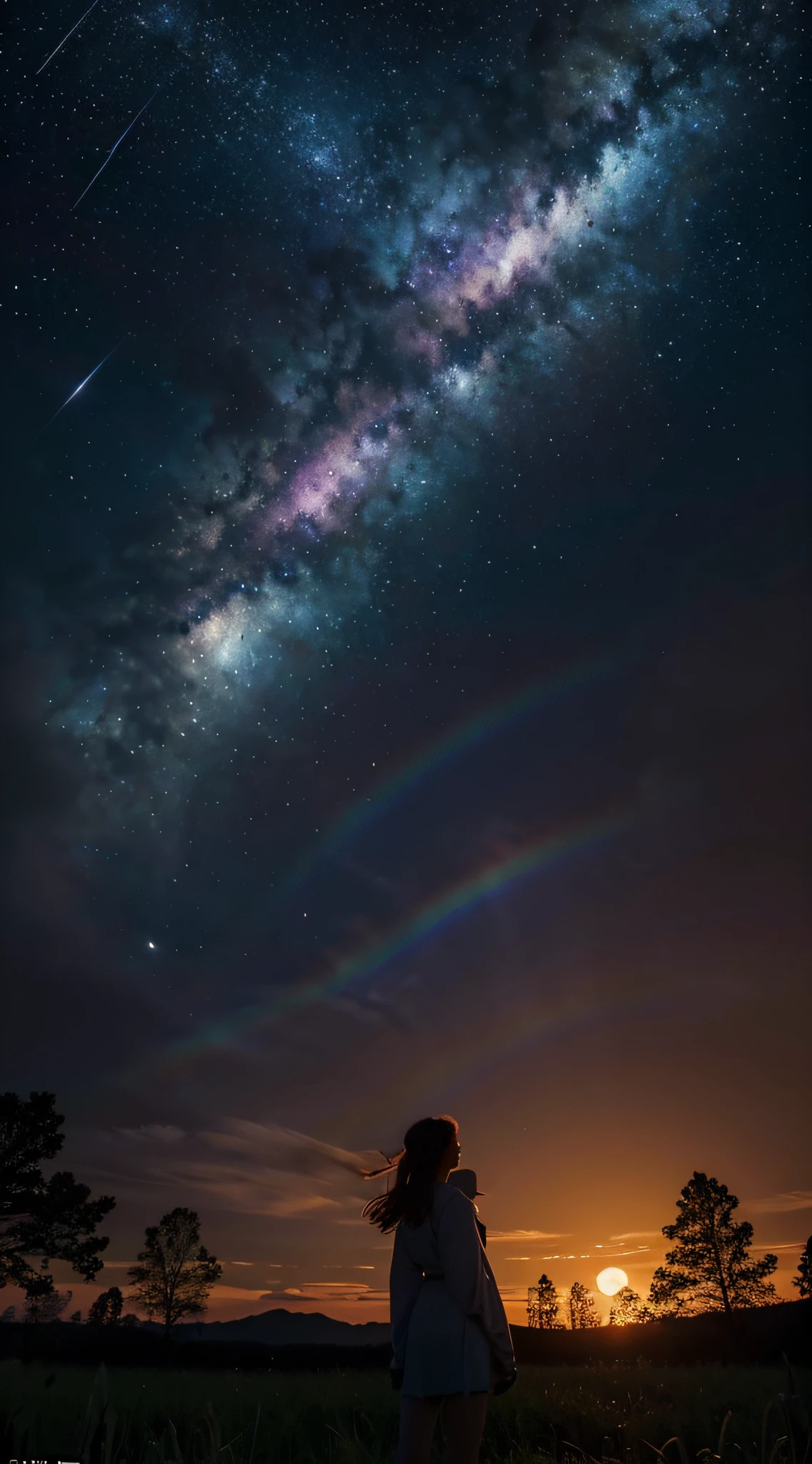 Vast landscape photo, (viewed from below, the sky is above and the open field is below), a girl standing on a flower field looking up, (full moon: 1.2), (meteor: 0.9), (nebula: 1.3), distant mountains , Trees BREAK Crafting Art, (Warm Light: 1.2), (Fireflies: 1.2), Lights, Lots of Purple and Orange, Intricate Details, Volumetric Lighting, Realism BREAK (Masterpiece: 1.2), (Best Quality), 4k, Ultra-Detailed, (Dynamic Composition: 1.4), Very Detailed, Colorful Details, (Rainbow Colors: 1.2), (Glow Lighting, Atmospheric Lighting), Dreamy, Magical, (Solo: 1.2)