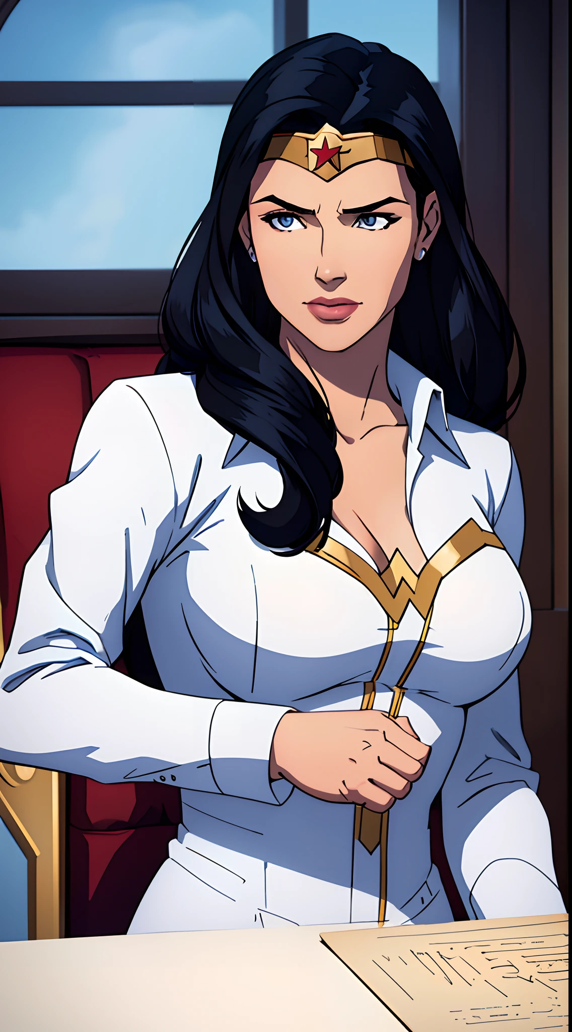 1 woman, solo, Diana Prince (Wonder Woman), mommy, strong, breast, upper body shot, skycrapers, ((masterpiece)), female focus, long hair, black hair, flowing hair, white formal shirt, face focus, soft smile,
