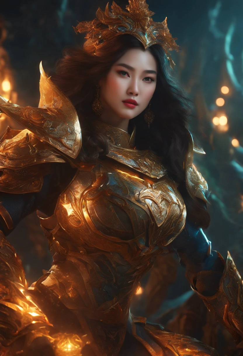 4k,Asian female,Exquisite facial features, voluptuous figure, armor,Lead the Monster Legion, A resolute expression, Very bright colors,Light particles, with light glowing, Mshiv, wallpaper art, UHD wallpaper