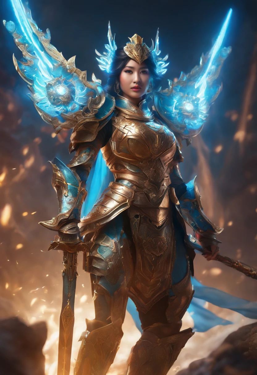 4k,Asian female,Exquisite facial features, voluptuous figure, armor,Lead the Monster Legion, A resolute expression, Very bright colors,Light particles, with light glowing, Mshiv, wallpaper art, UHD wallpaper