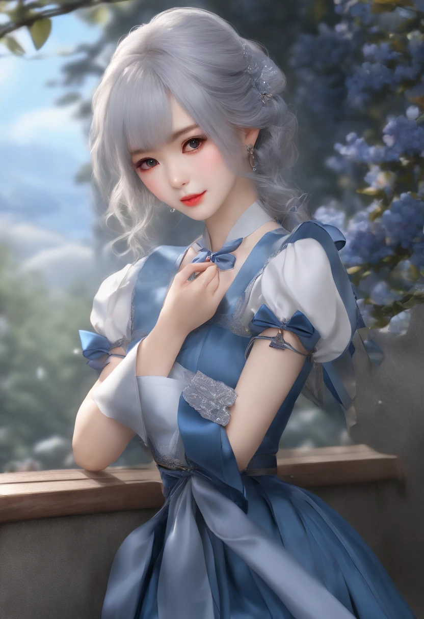 top-quality、超A high resolution、(Photorealsitic:1.4)、1人、Idol、blue outfit、bow ribbon、skirt by the、(faded ash gray hair:1)、(huge-breasted:1.2)、looking at viewert、a closeup、