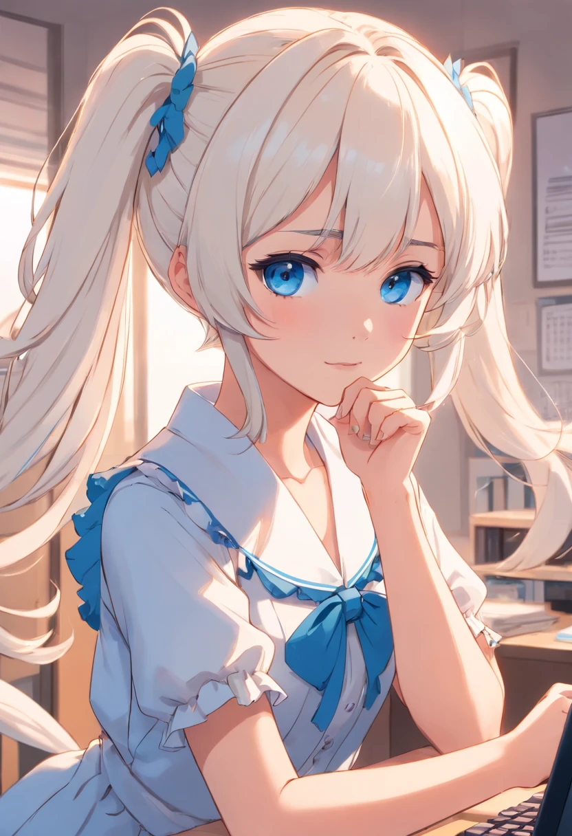 White color hair,Double ponytail curls,Blue eyes,White ta,Beth,office, monitor
