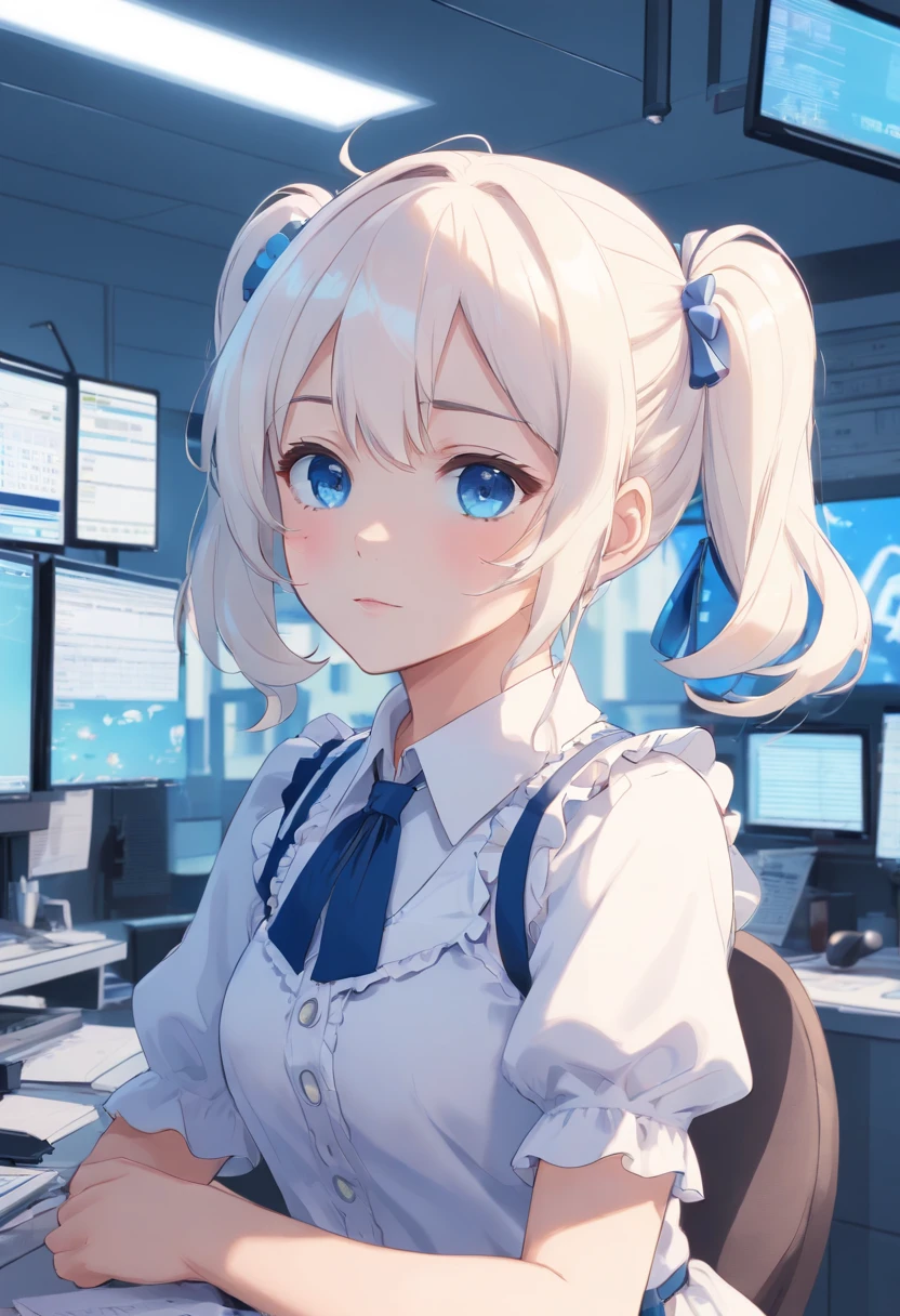 White color hair,Double ponytail curls,Blue eyes,White Lolita,Beth,office, monitor