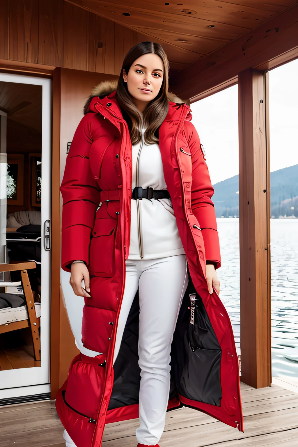 Make a woman with big breast, Red long winterjacket , with open zipper, with face, body, Lakeside house, travel bag, dog,Nude