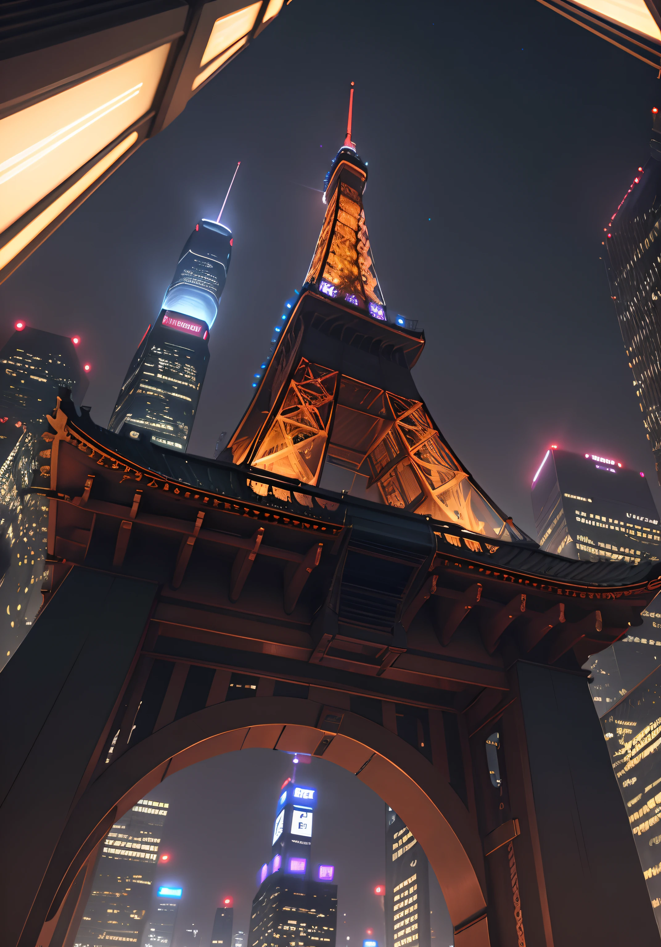 The ultra-detailliert, hight resolution, The ultra-detailliert, top-quality, astonishing, top-quality, Highly detailed CG Unity 8K wallpapers, Angle from below、Stirring composition、nighttime scene、Cinematic lighting, cyberpunked、Background is Tokyo Tower and skyscrapers、Lots of skyscrapers