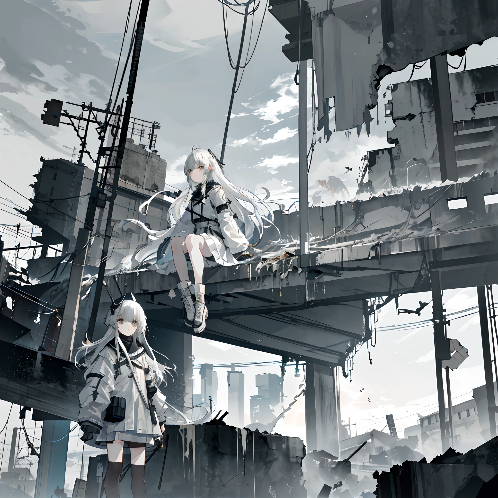 masterpiece、top-quality、「Against the backdrop of a collapsed city and water、Girl with white long hair and white eyes、Wearing rough white clothes、Wear military fashion、Create images with a grunge-like atmosphere。Use gray as a secondary color、Add dirty textures and wall cracks、Sharpen imperfect shapes, Irregular lines and grunge。」