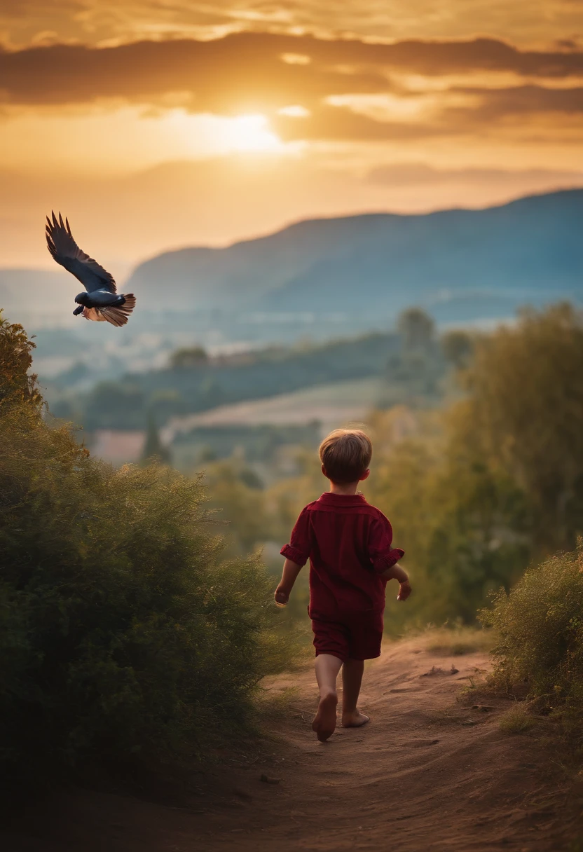 The boy carries a pigeon，standing on a hill，Look at the sky