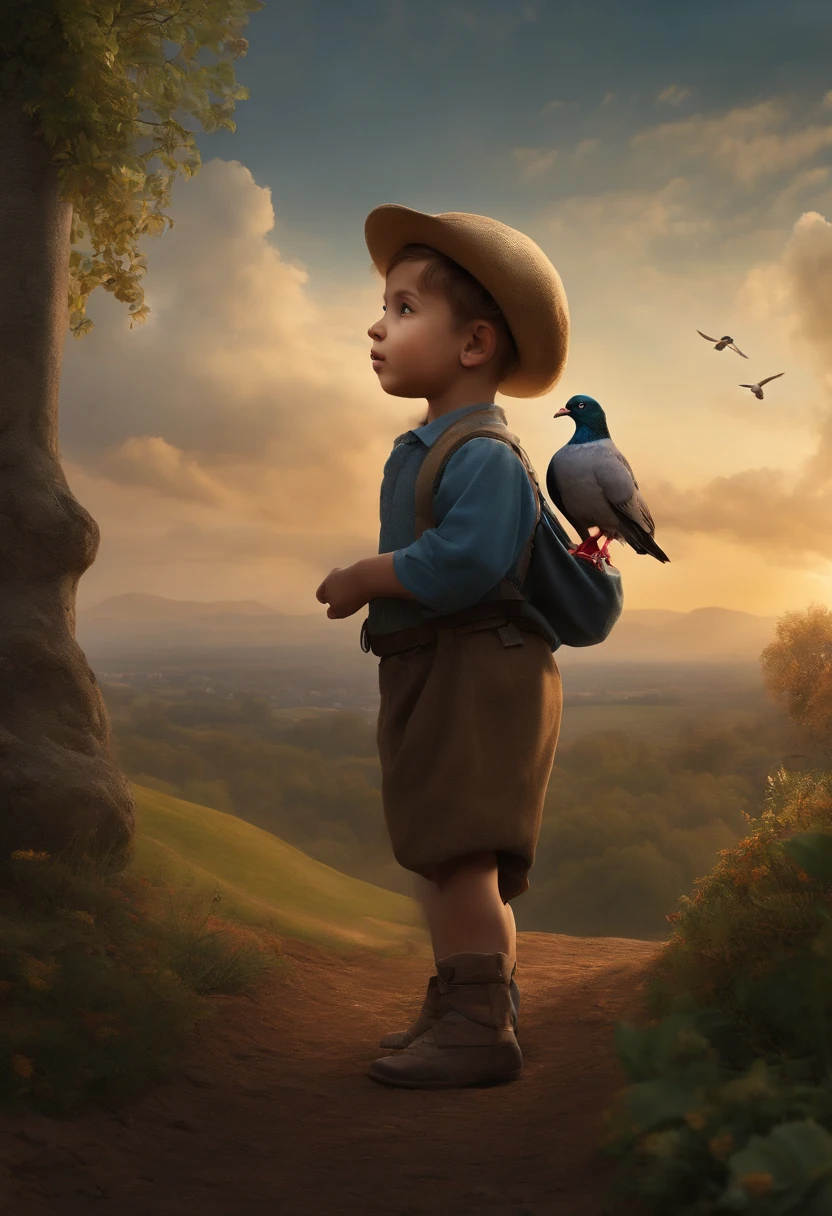 The boy carries a pigeon,standing on a hill,Look at the sky