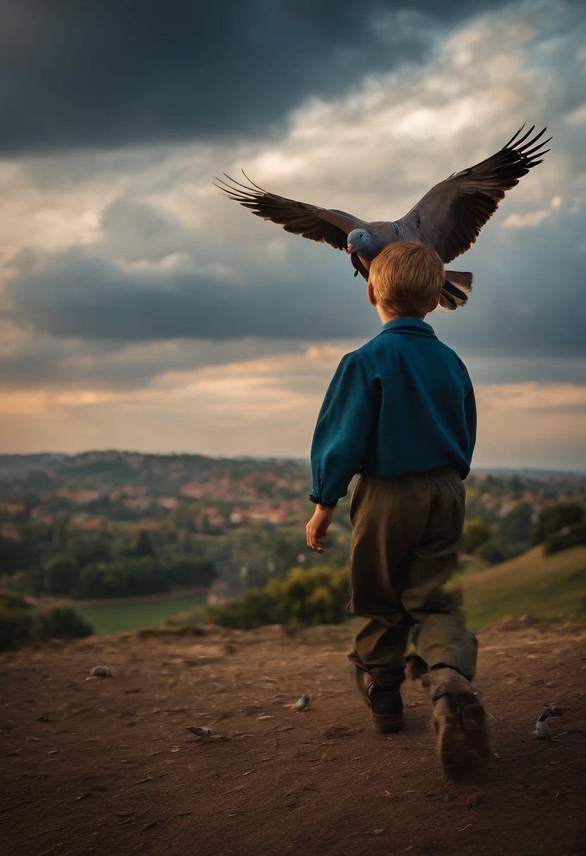 The boy carries a pigeon,standing on a hill,Look at the sky