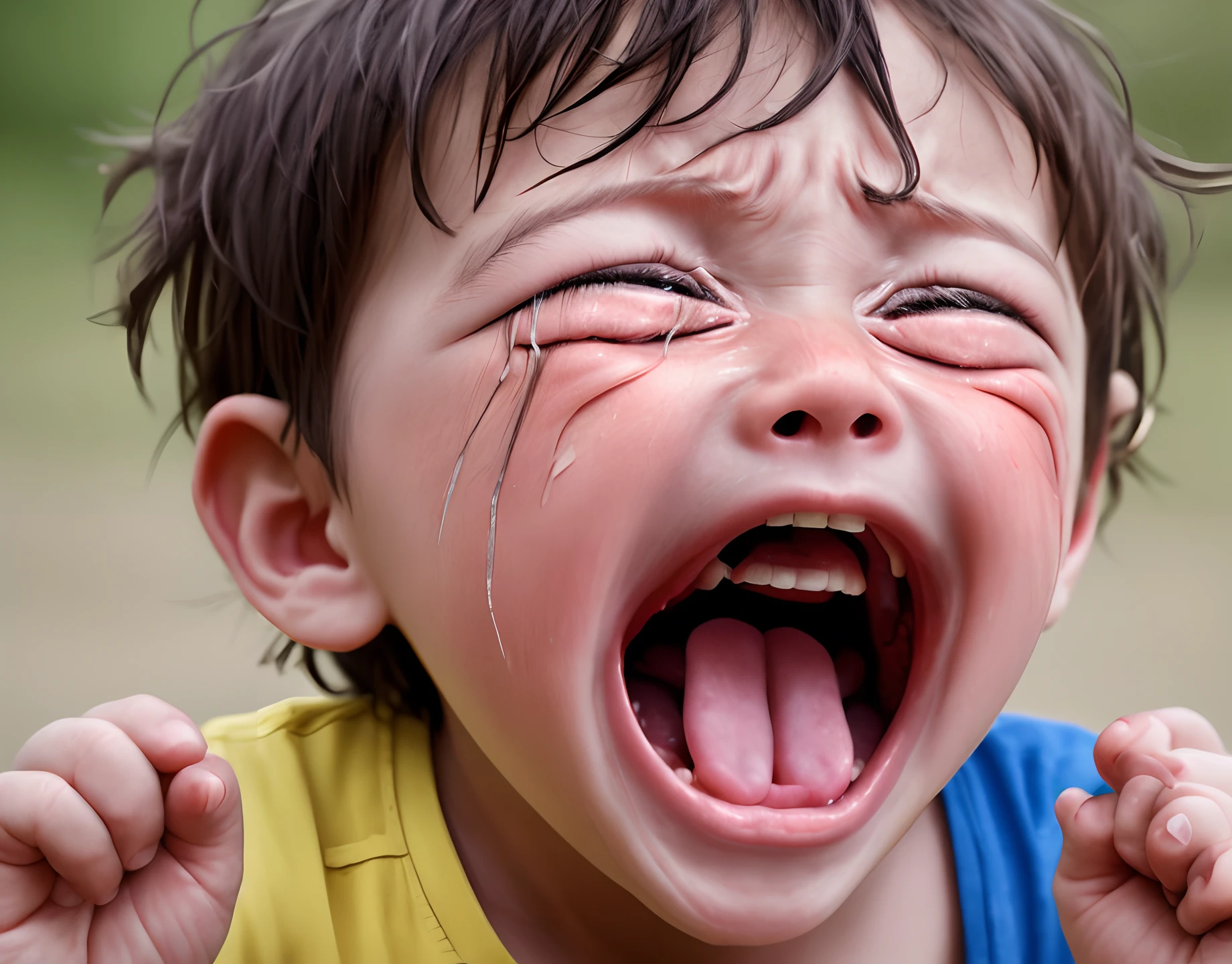 A child crying and screaming , mouth open angry