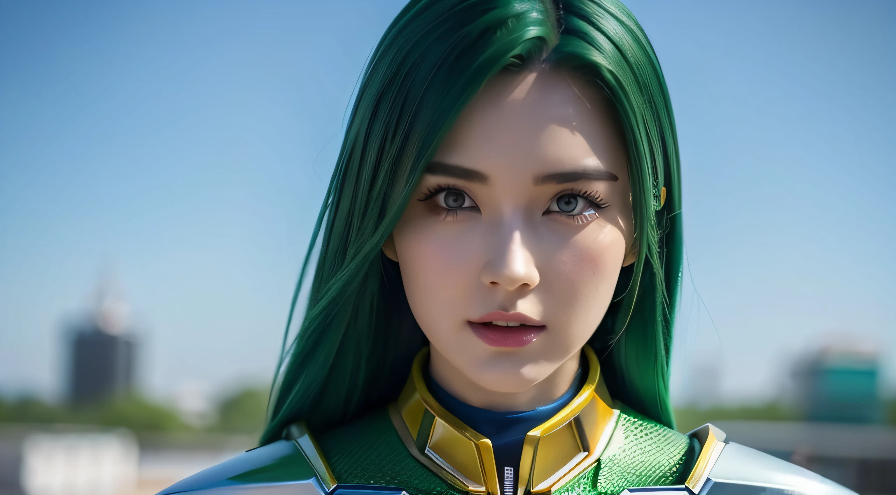 4K, Realistic, carismatic, ighly detailed, There is a girl in the sky, Wear Power Rangers, She is a Power Rangers, super hero theme, Green hair, 25 years old, Full body