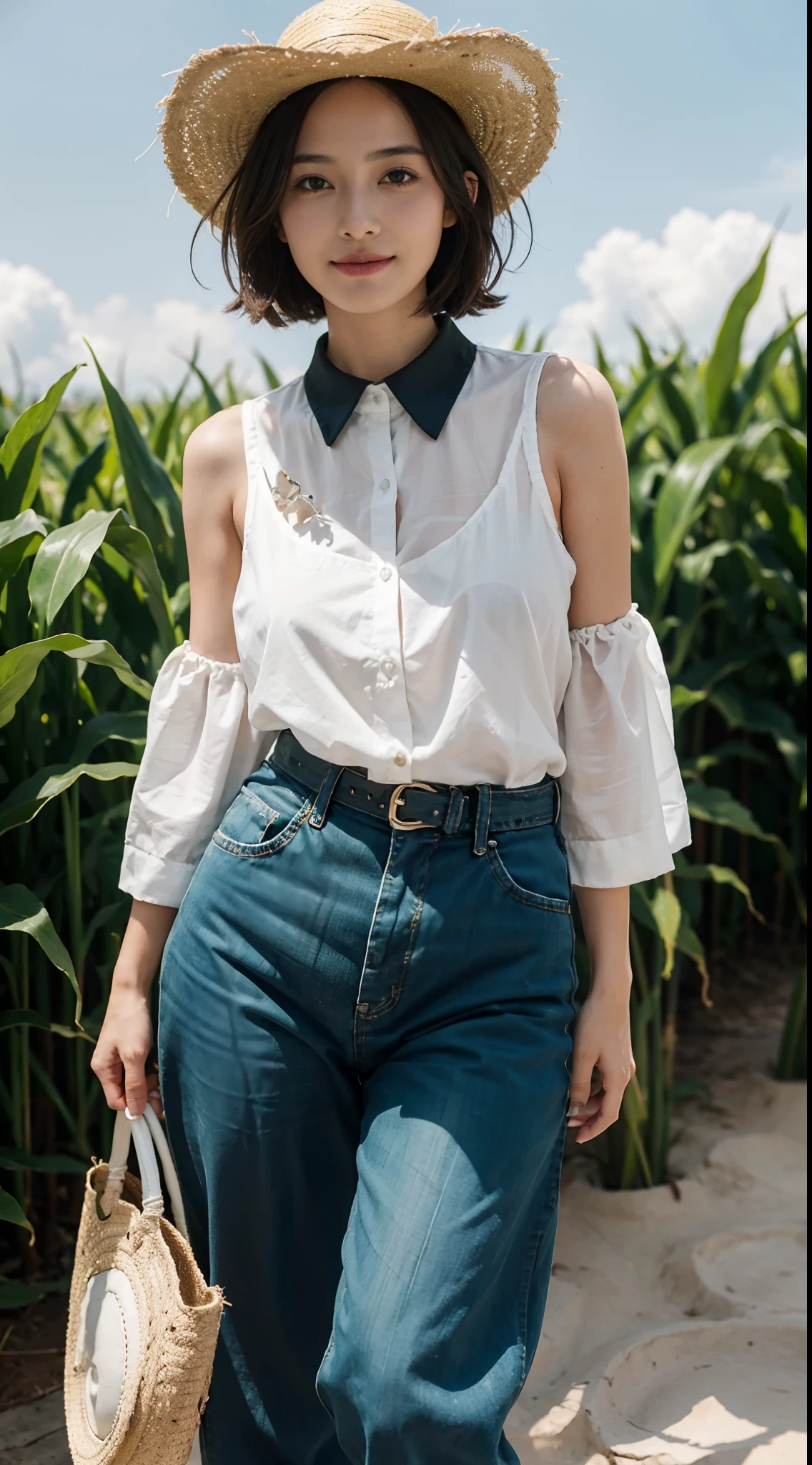 8K,masterpiece,best quality,In the corn field,Very high corn stalks,In the afternoon,very bright sunshine,A girl,Extremely detailed facial details,(shoulder length black straight short hair:1.2),Wearing a straw hat,smile,happy,Her face was covered in sweat,(Red collared shirt with floral pattern:1.1),giantic breasts,plump figure,(Green wide leg capris:1.1),giantic hips,White slippers,close shot,cowboy shot,Directly facing the camera,from front,upper body