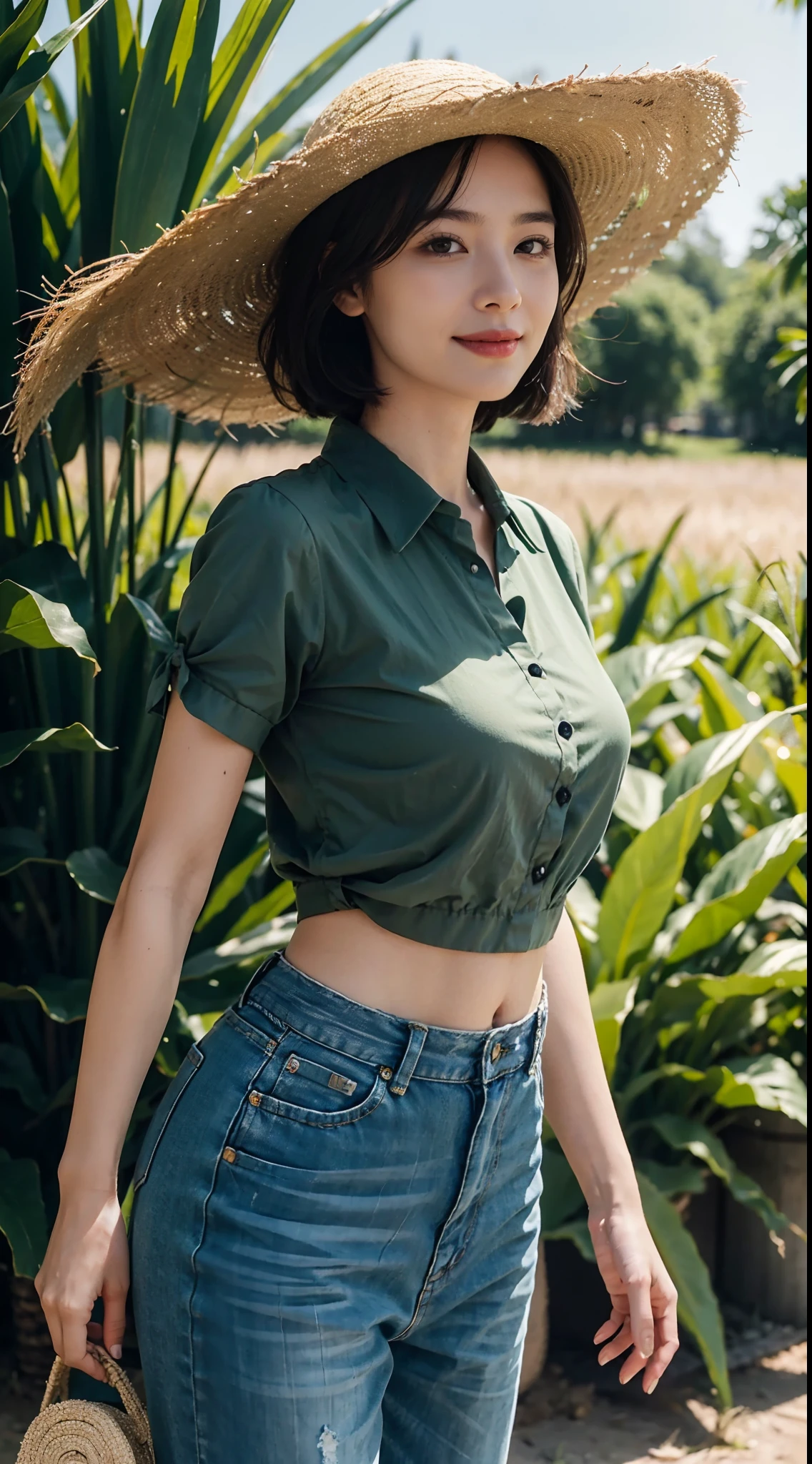 8K,masterpiece,best quality,In the corn field,Very high corn stalks,In the afternoon,very bright sunshine,A girl,Extremely detailed facial details,(shoulder length black straight short hair:1.2),Wearing a straw hat,smile,happy,Her face was covered in sweat,(Red collared shirt with floral pattern:1.1),giantic breasts,plump figure,(Green wide leg capris:1.1),giantic hips,White slippers,close shot,cowboy shot,Directly facing the camera,from front,upper body