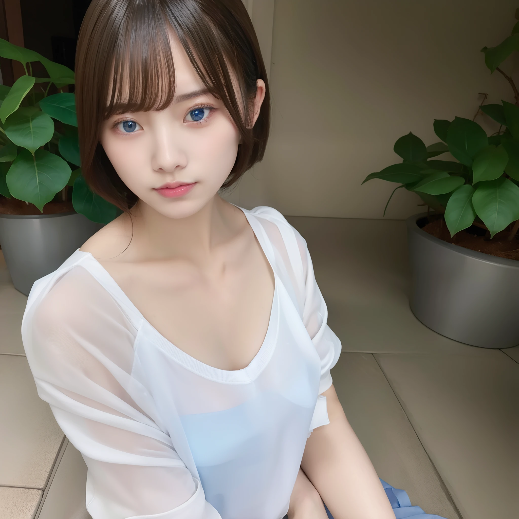 Blue eyes, transparent shirt, glossy skin,