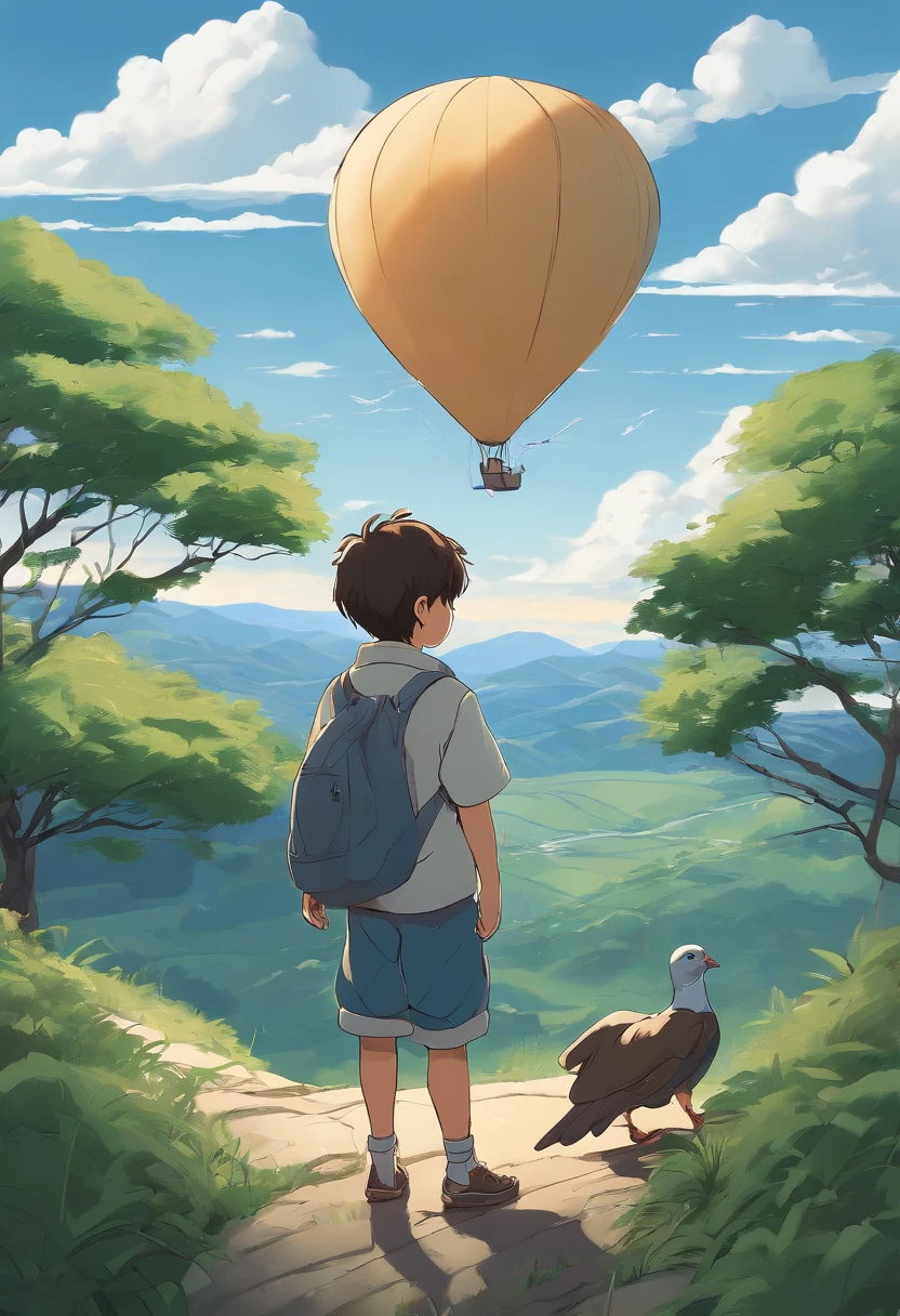 The boy carries a pigeon,standing on a hill,Look at the sky,in the style of makoto shinkai, Makoto Shinkai's style,2D line drawing,anime figure