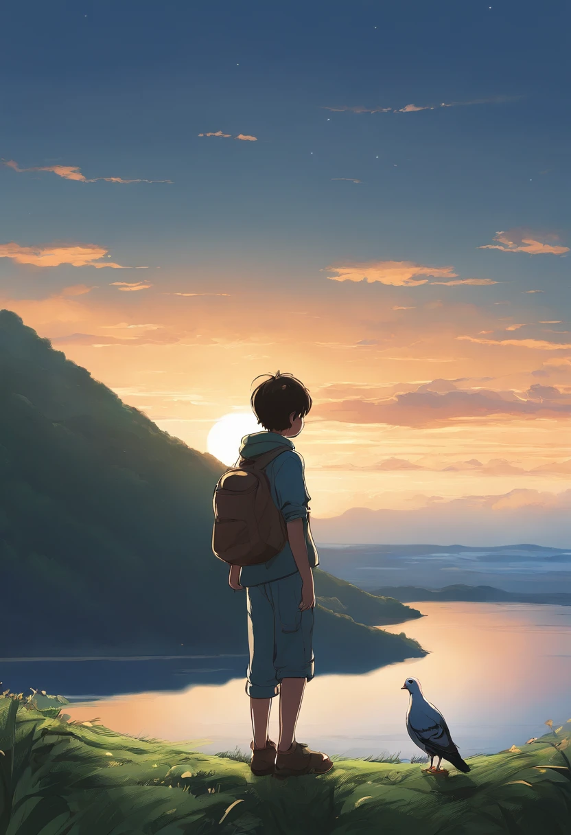 The boy carries a pigeon，standing on a hill，Look at the sky，in the style of makoto shinkai, Makoto Shinkai's style，2D line drawing，anime figure