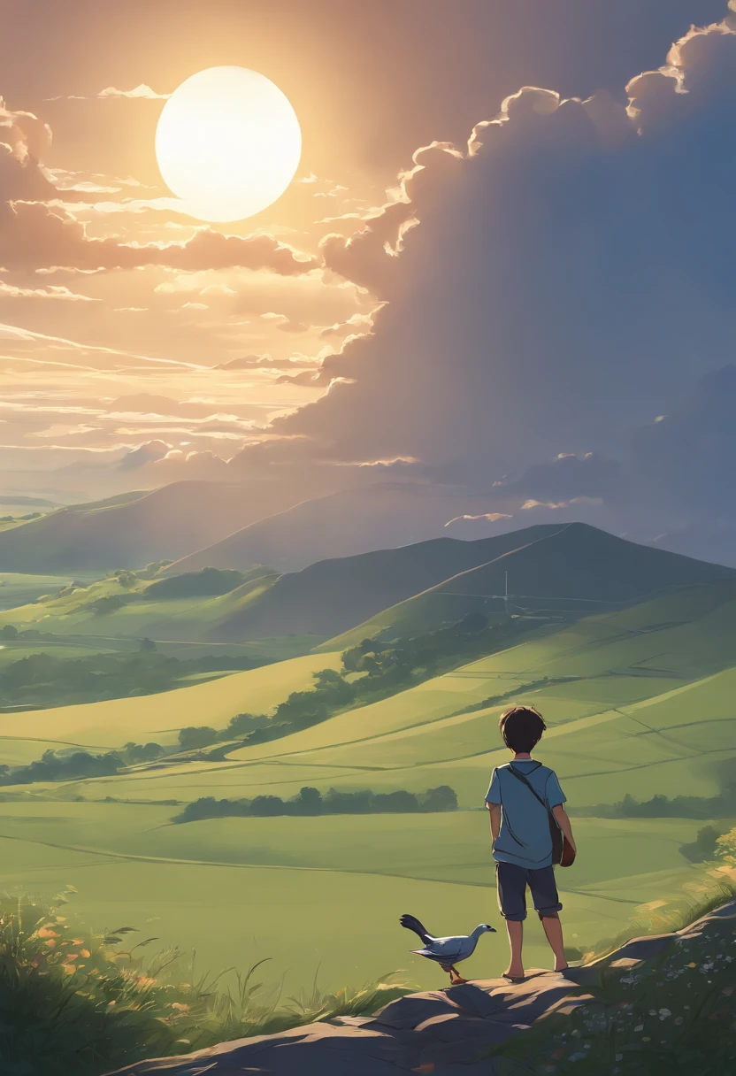 The boy carries a pigeon,standing on a hill,Look at the sky,in the style of makoto shinkai, Makoto Shinkai's style,2D line drawing,anime figure