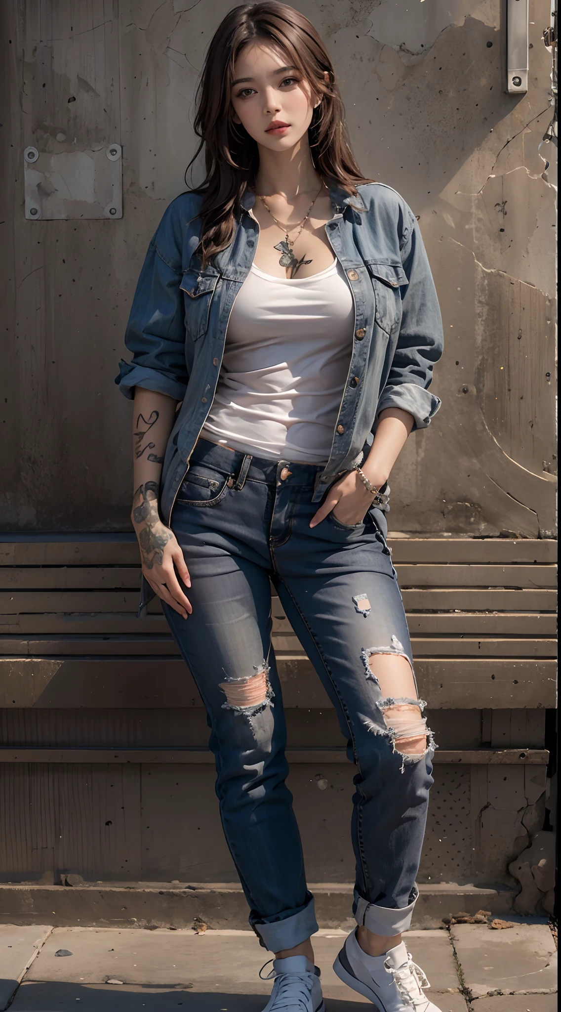 photorealistic, high resolution, 1women, mature female, solo, hips up, long hair, street wear, tattoo