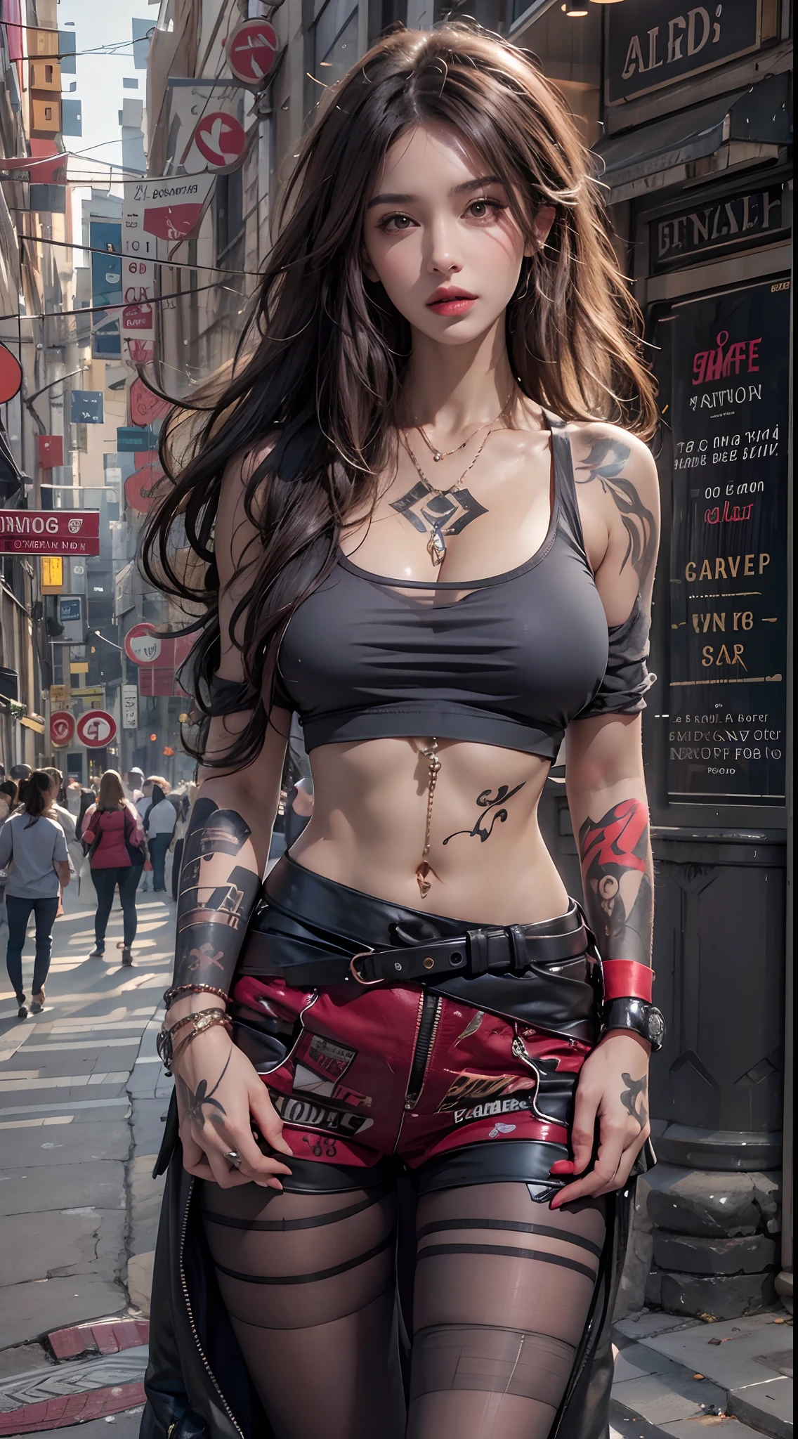 photorealistic, high resolution, 1women, mature female, solo, hips up, long hair, street wear, tattoo