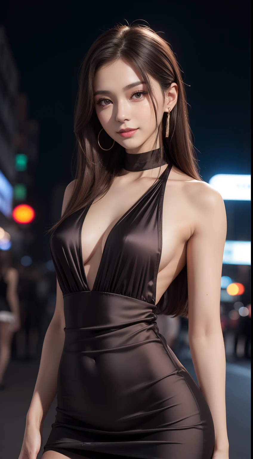 8K, tmasterpiece, photo RAW, beste-Qualit, Photorealistic, extremely detailed 8K CG wallpaper, Depth of field, cinematiclight, glares, ray traced, (extremely beautiful face, Beautiful lips, pretty eyes), Intricate facial detail, ((ultra detailed skin)) 1girl, in the dark, deep shadow, Pretty Korean girl, kpop idol, 1 girl, (Very thin and slim muscular body:1.3), ((looking a viewer)),(A big smile:1.3), (Bright pink blouse), (sleeveless) , (Fashion City Night, It's dark night, (neon lights sign), (blurred background), Trendy street night),(There are no people in the background:1.3), Beautiful earrings, bangles, collar, pantyhouse, light eyes, Andante, (pale skin), (big eyes), facing forward, ((upper body face shot)), ((Silk dress:1.3)),(brown-hair),((Tight dress with laces)), (see through), (looking a viewer:1.3) open-chest, very thin, Average Breasts,, Back turned,((backside shot)), see through, Medium cigarette butts, mini skirt, hair pulled back, ((elongated hips))