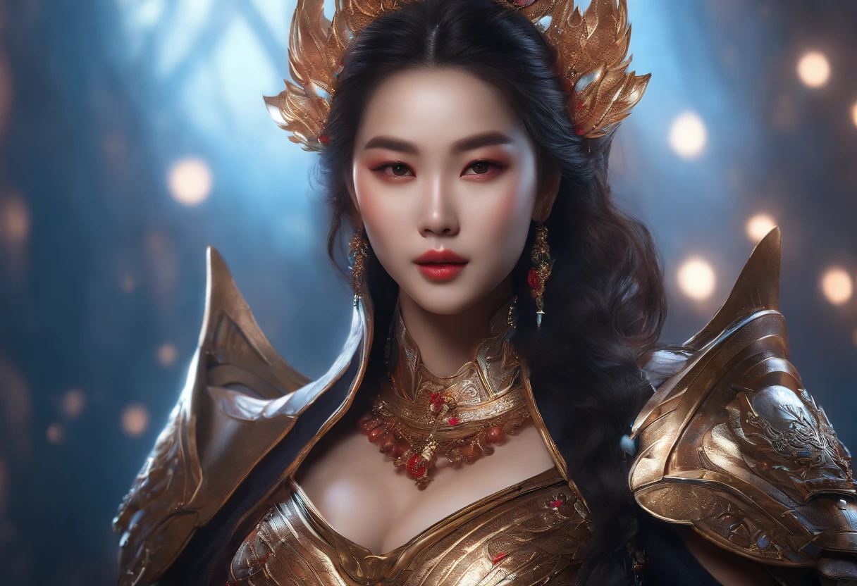 4k,Asian female,Pointed chin,Exquisite facial features, voluptuous figure, armor,army, A resolute expression, Very bright colors,Light particles, with light glowing, Mshiv, wallpaper art, UHD wallpaper