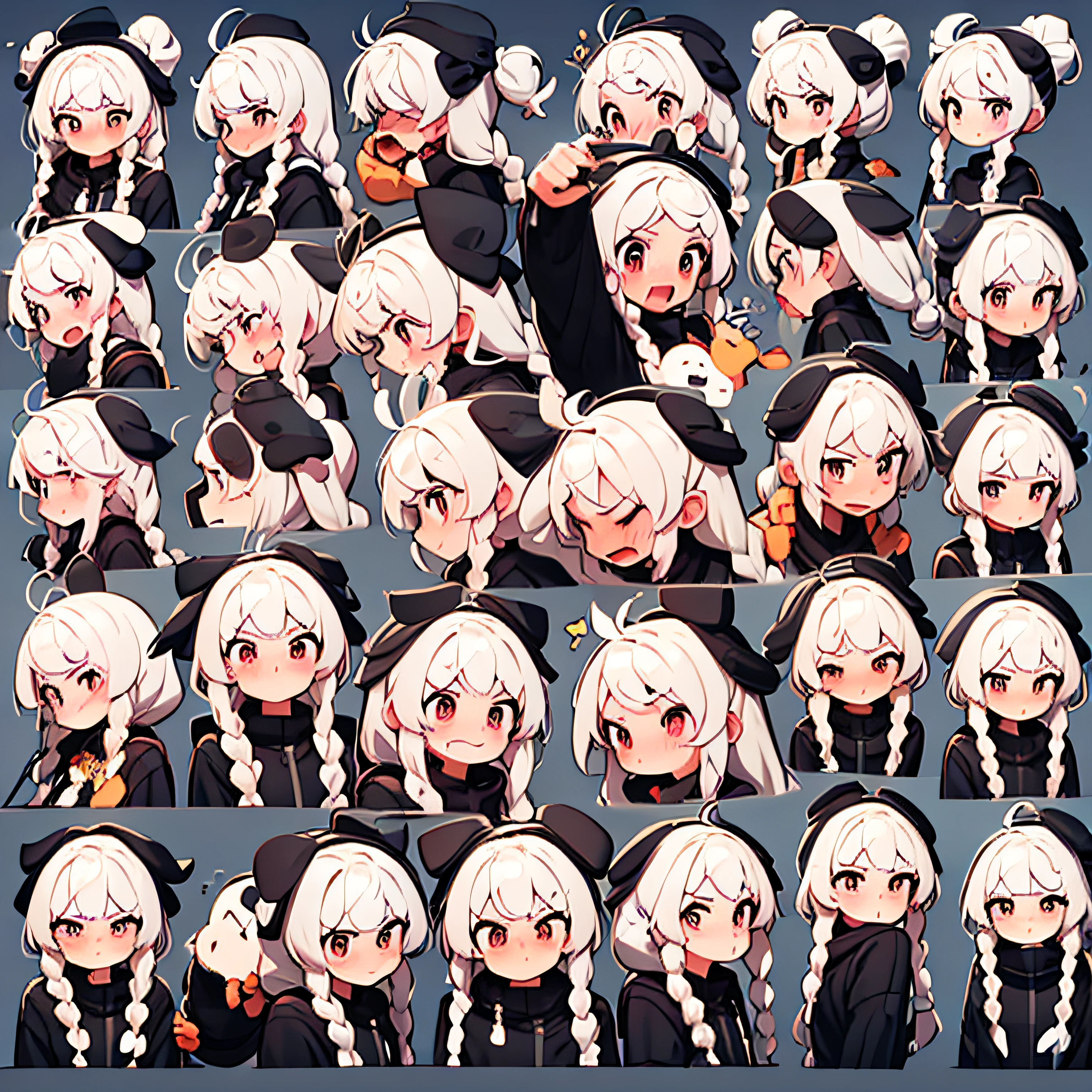 1girll, Shiro (There is no life without games), Various expressions, cheerfulness, Sad, Angry, Excited laughter, Disappointment 1, Cute eyes, White background, Illustration - NII 5 style cute, emoji as illustration set, with bold manga line style, dynamic pose dark white, , f/64 group, related characters, old meme kernel, White hair