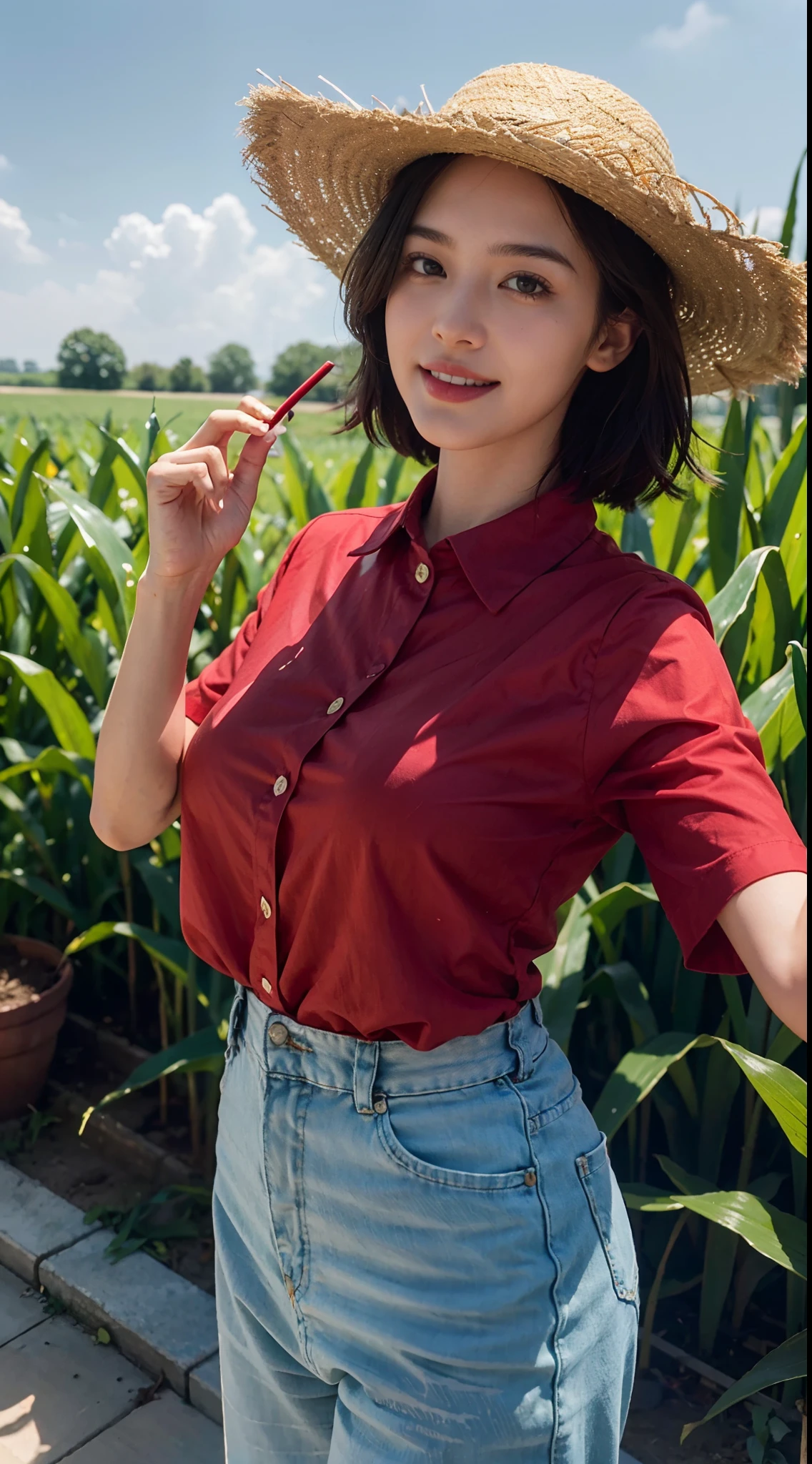 8K,masterpiece,best quality,In the corn field,Very high corn stalks taller than the girl,In the afternoon,very bright sunshine,A girl,Extremely detailed facial details,(shoulder length black straight short hair:1.2),Wearing a straw hat,smile,happy,Her face was covered in sweat,(Red collared shirt with floral pattern:1.1),giantic breasts,plump figure,(Green wide leg capris:1.1),giantic hips,White slippers,Holding a sickle in her hand,close shot,cowboy shot,Directly facing the camera,from front,upper body