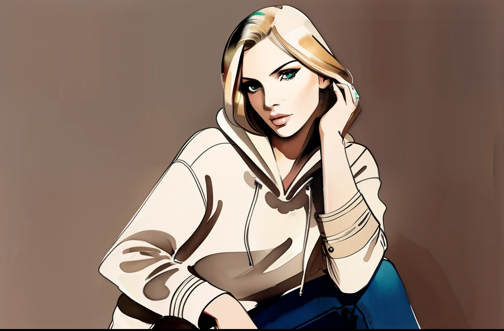 David downton fashion illustration, blonde woman, green eyes, beige hoodie, jeans, elegant, feminine style, watercolor art