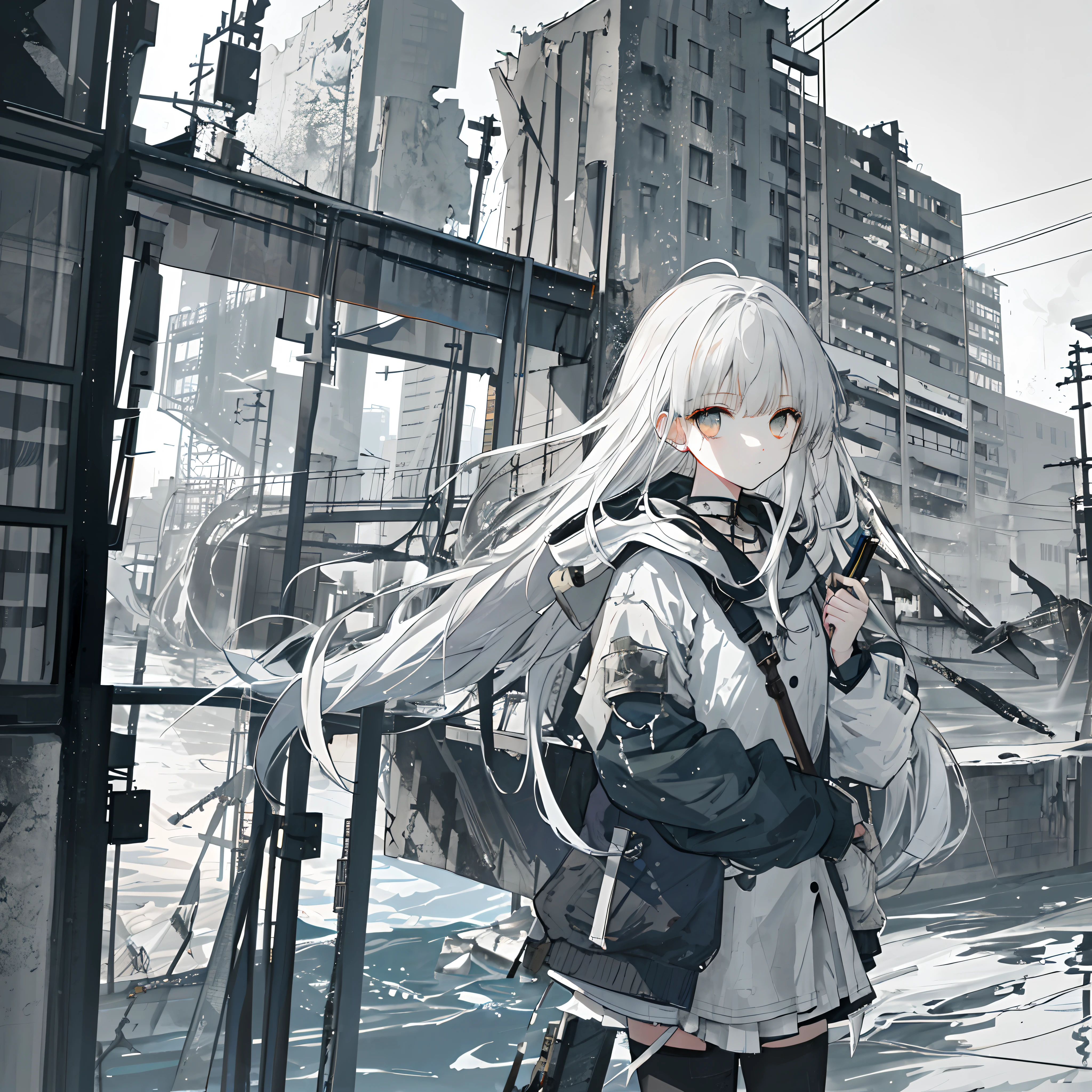 masterpiece、top-quality、「Against the backdrop of a collapsed city and water、Girl with white long hair and white eyes、Wearing rough white clothes、Wear military fashion、Create images with a grunge-like atmosphere。Use gray as a secondary color、Add dirty textures and wall cracks、Sharpen imperfect shapes, Irregular lines and grunge。」