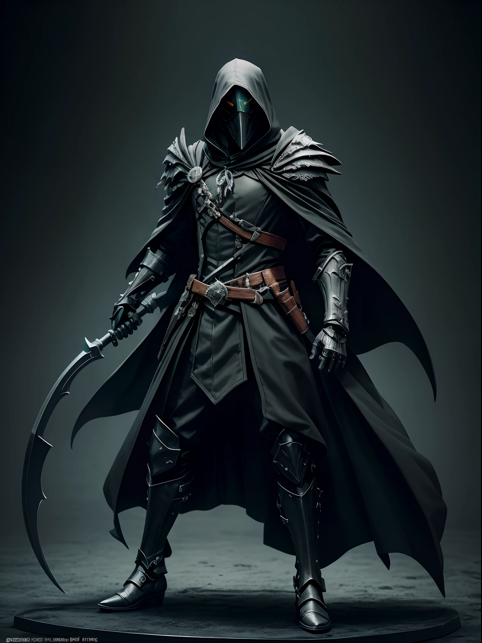 Commercial style shot, (action figure of Plague doctor in a warframe style armor with a black scythe), (green black and grey color scheme), (Skeleton eagle mask with black flowing cloak), plastic material with metallic coating, (red colored background), centered, full body shot, (dynamic action stance pose), black round stand base, vibrant colors, visible figure joints, cinematic shot, volumetric lighting, intricate pattern detail, highly detailed