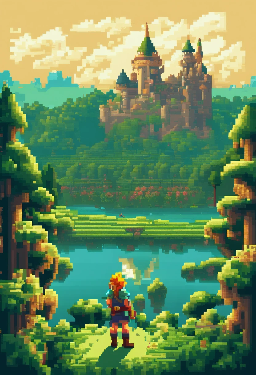 pixelart. Evening. 3D pixel art 4K wallpaper. Incredible pixel art detail. Pixel art. Steam waves. Detailed Unreal Engine pixel art,Legend of Zelda,zelda, a man,standing,holding a sword,looking at the castle, a huge castle, blue sky,green grass,sunny weather