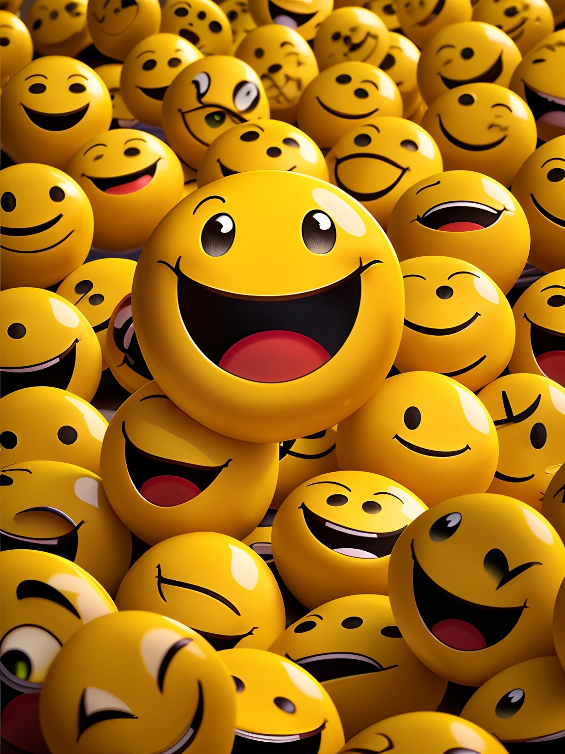 A close-up of a bunch of yellow smiley faces，with smile, Smiling faces, digital art emoji collection, smiling expression, Happy faces, Happy expression, Happy expressions, Emoji, Laughing emoji, funny emoji, Detailed and realistic smiley face, Happy smiley, smiley, emoj, happy and spirited expression, highly detailed photo of happy, With a happy expression