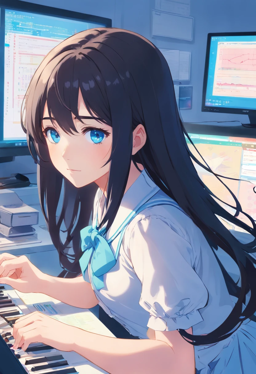 Black hair, Long hair, Blue eyes,White Lolita,Beth,office, monitor